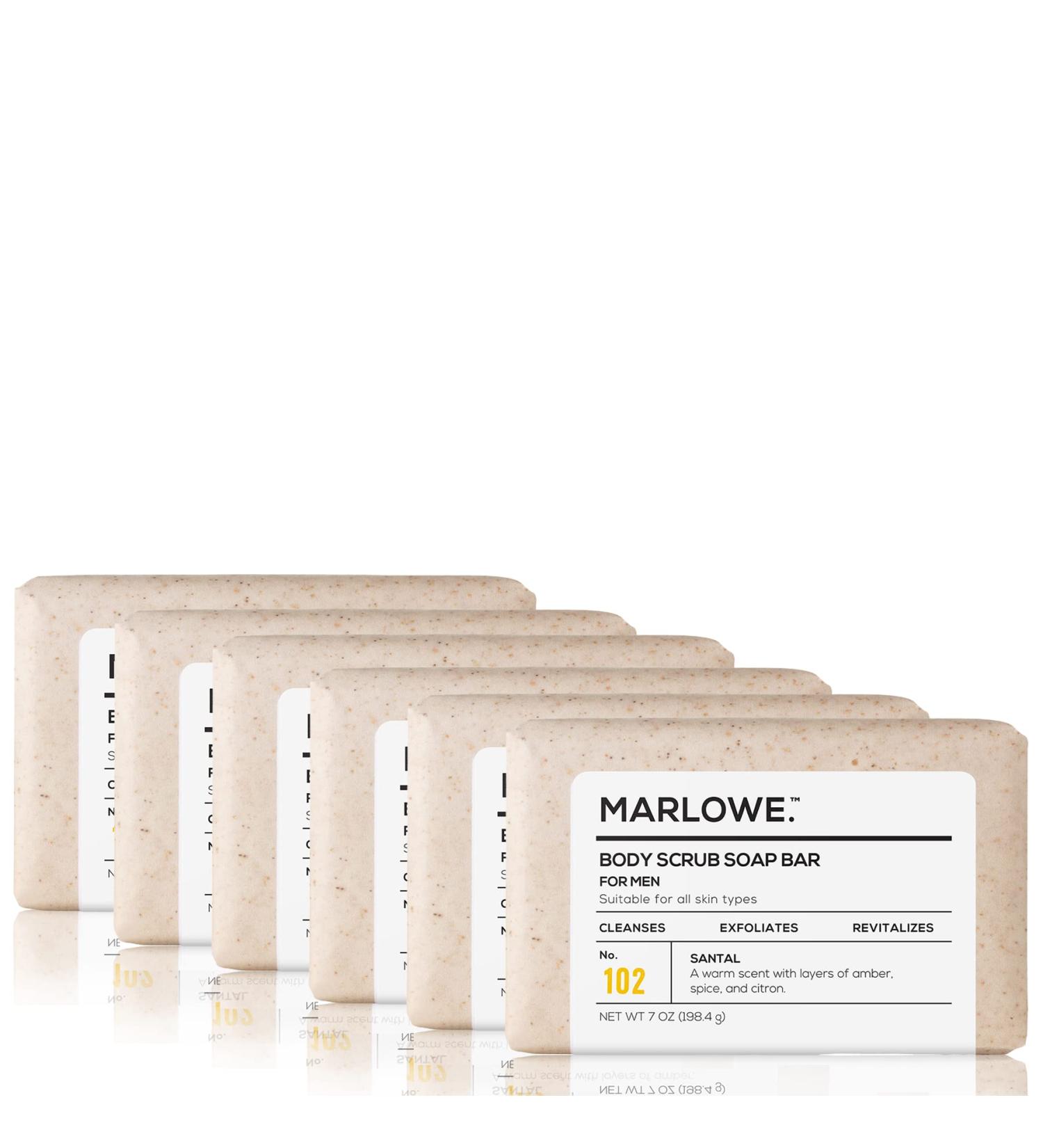 MARLOWE. No. 102 Men's Body Scrub Soap 7 oz (6 Bars) Warm Santal Scent Best Exfoliating Bar for Men Made with Natural Ingredients Apricot Seed Powder Shea Butter Olive Oil Green Tea Extracts Warm Santal 7 Ounce (Pack of 6) - Buy Online on GoSupps.com