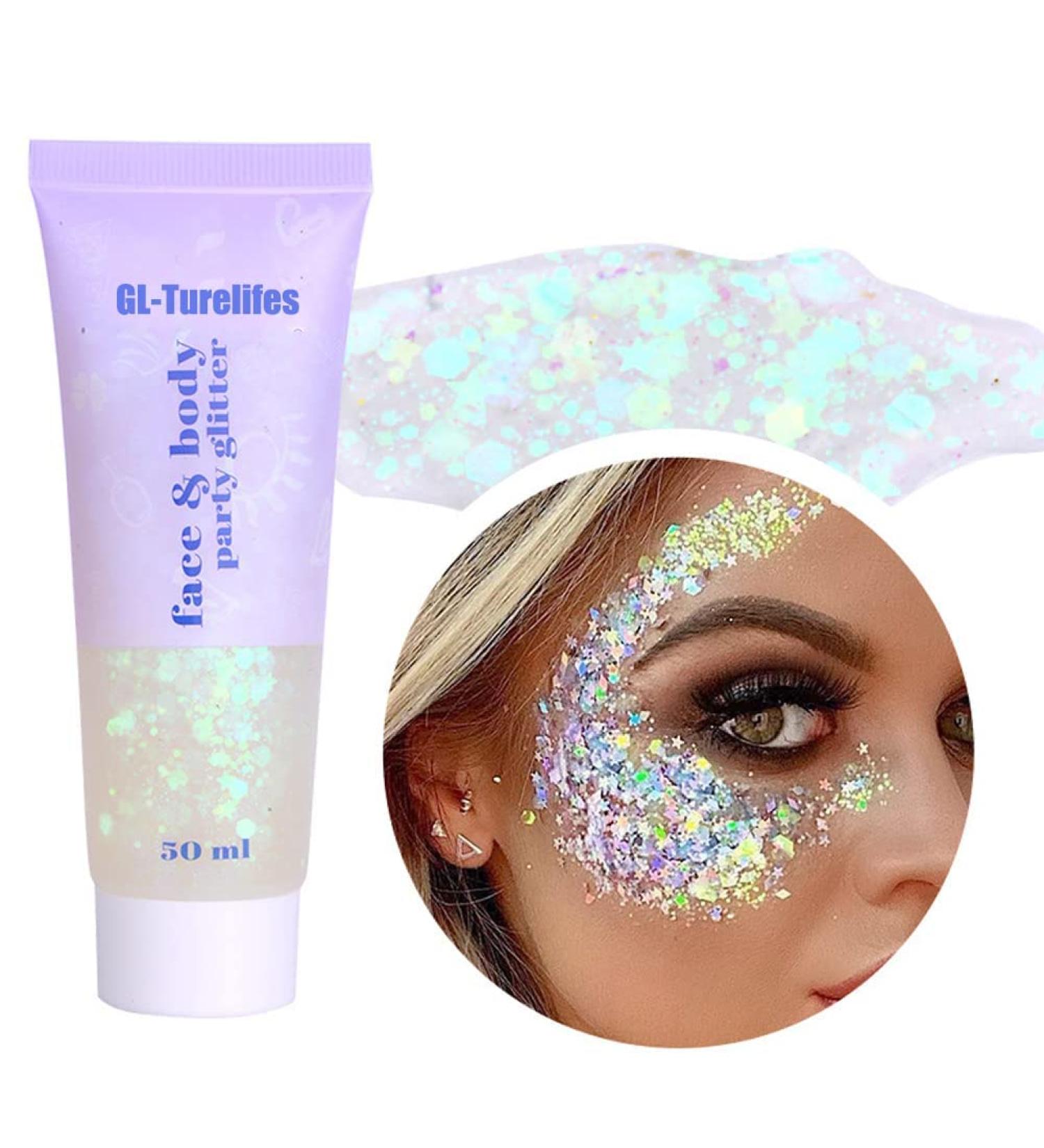 Chunky Glitter Gel - Festival Cosmetic Glitter for Face, Hair, Nails - Mermaid Sequins Liquid Eyeshadow - Long Lasting 50ml (#06 White) - Buy Online on GoSupps.com