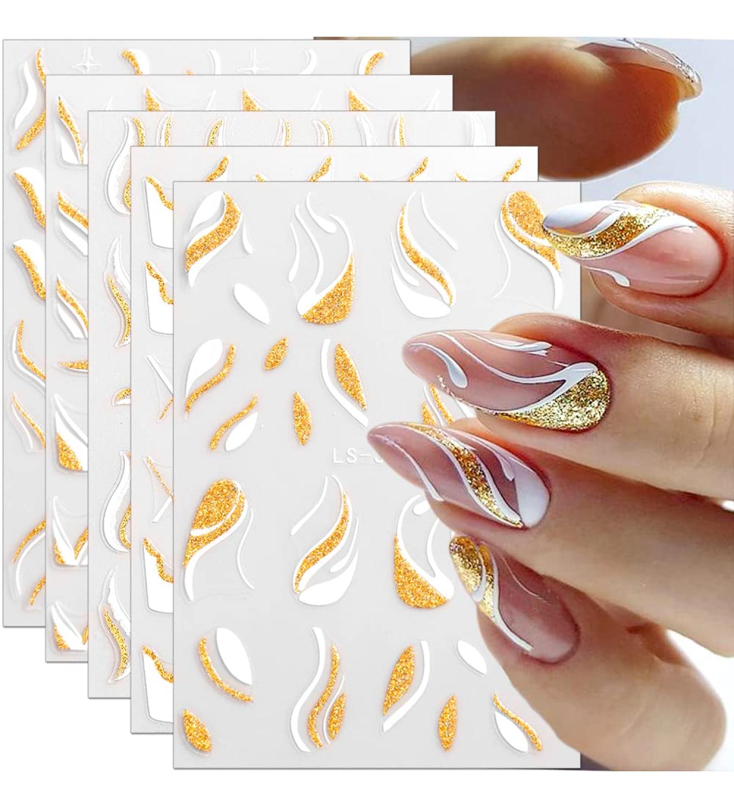 3D Glitter French Lines Nail Stickers - White Gold Geometric Swirl & Wavy Line Decals - Buy Online on GoSupps.com
