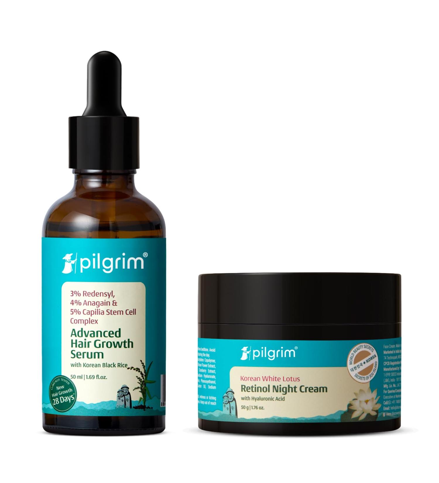 Pilgrim Advanced Hair Growth Serum with 3% Redensyl 4% Anagain & 5% Capilia Stem Cell Complex & Korean White Lotus Retinol Night Cream with Hyaluronic Acid | Hair Growth & Night Repair Combo - Buy Online on GoSupps.com