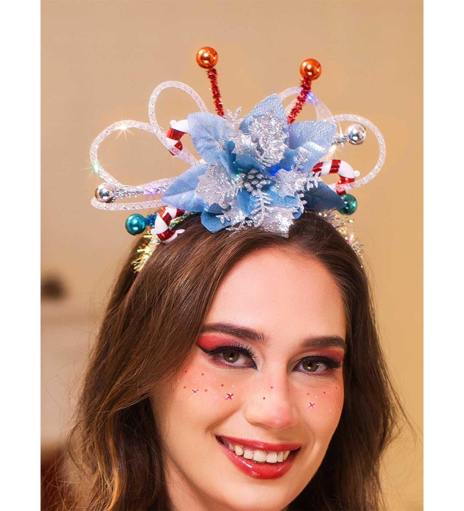 IYOU Light Up Christmas Headband Led Blue Flower Xmas Hair Hoop Candy Cane Festival Costume Hair Accessories for Women and Girls - Buy Online on GoSupps.com