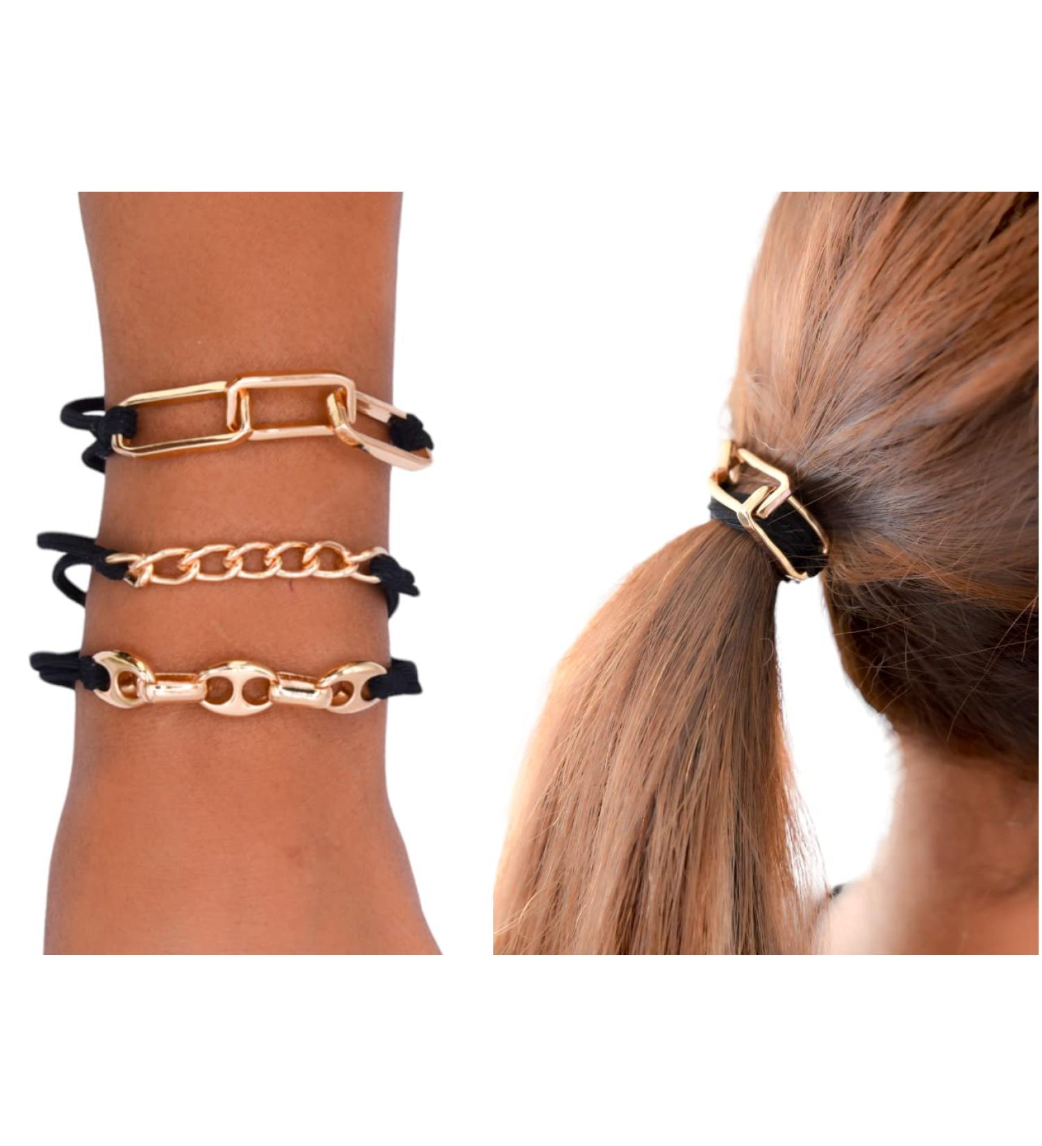 3 PCS Elegant Black Gold Bracelet Hair Ties for Women and Girls - No Crease Elastic Bands - Buy Online on GoSupps.com