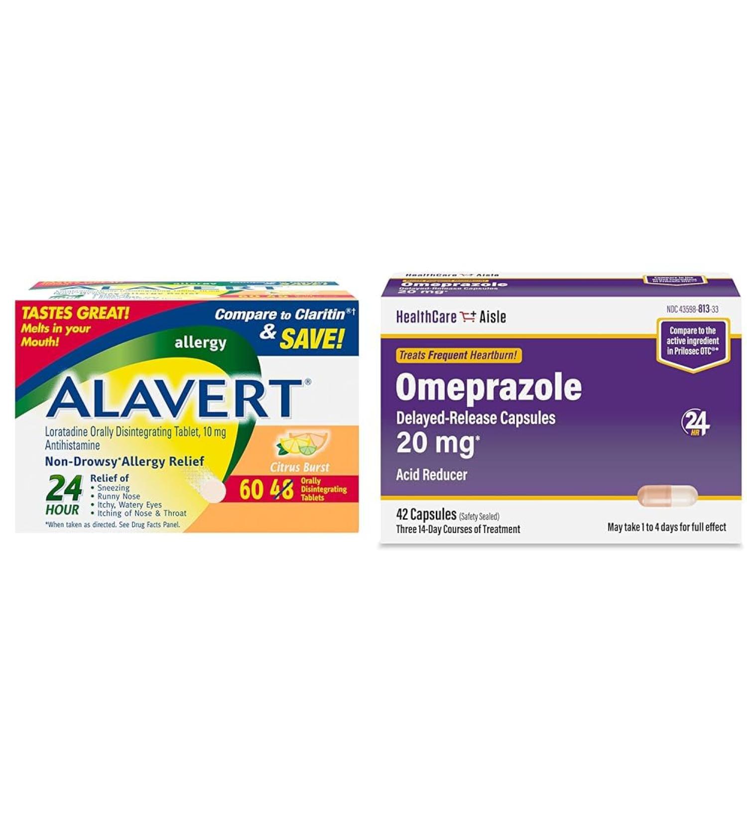Alavert Allergy 24 Hour Relief Tablets 60 Count and HealthCareAisle Omeprazole 20mg Acid Reducer Capsules 42 Count - Buy Online on GoSupps.com