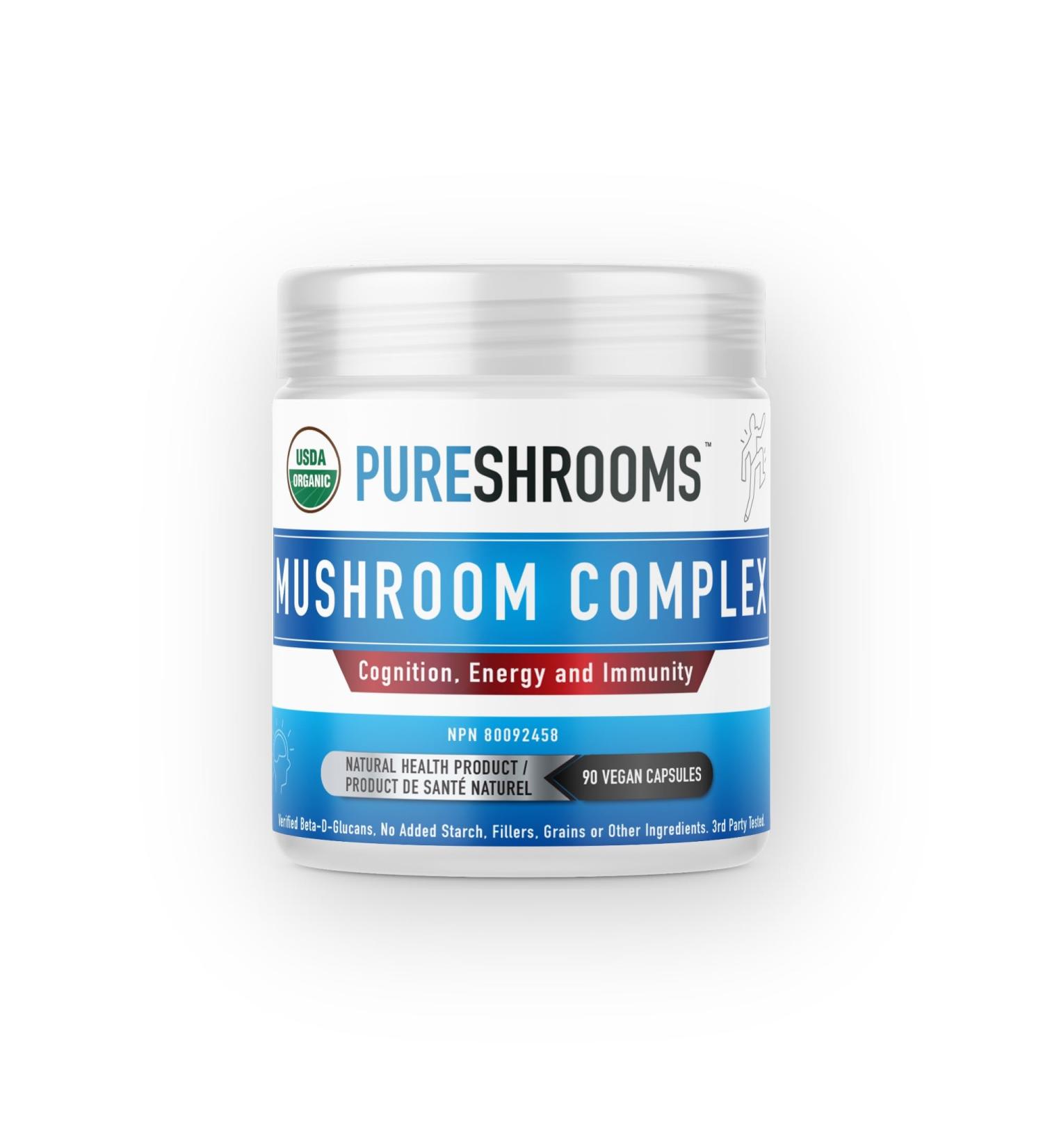 PureShrooms 3-in-1 Ultra Concentrated Mushroom Complex Capsule Supplement 30:1 - 1700mg Organic Lions Mane Cordyceps & Reishi - Natural Brain & Immune Boost Energy & Memory Enhancer Liver Support - Made in Canada (90 Capsules) - Buy Online on GoSupps.com