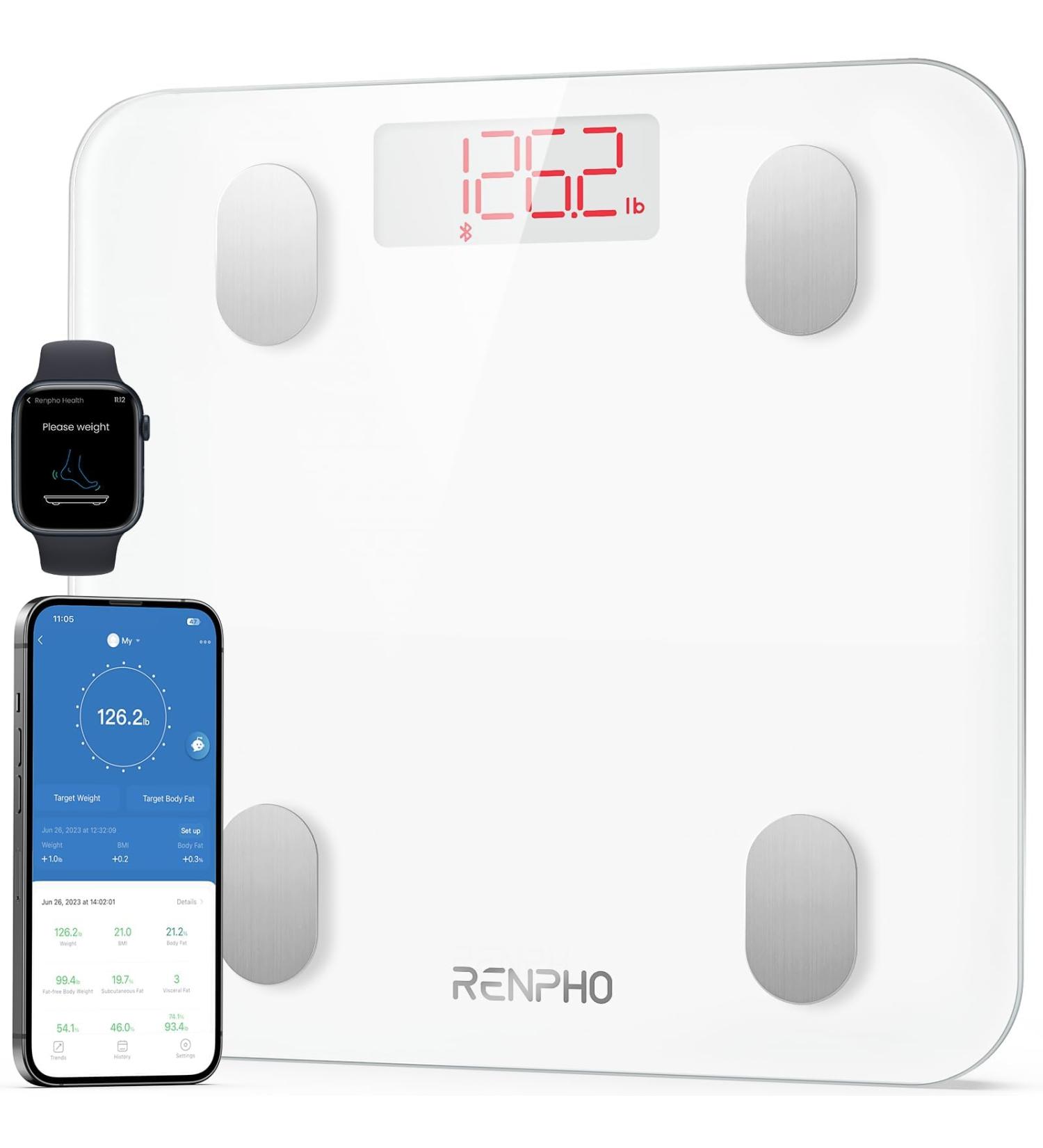 Renpho Bluetooth Digital Body Fat Scale - High-Precision Smart Scale for Weight Muscle Mass & Body Fat | 180 kg / 400 lbs - White - Buy Online on GoSupps.com