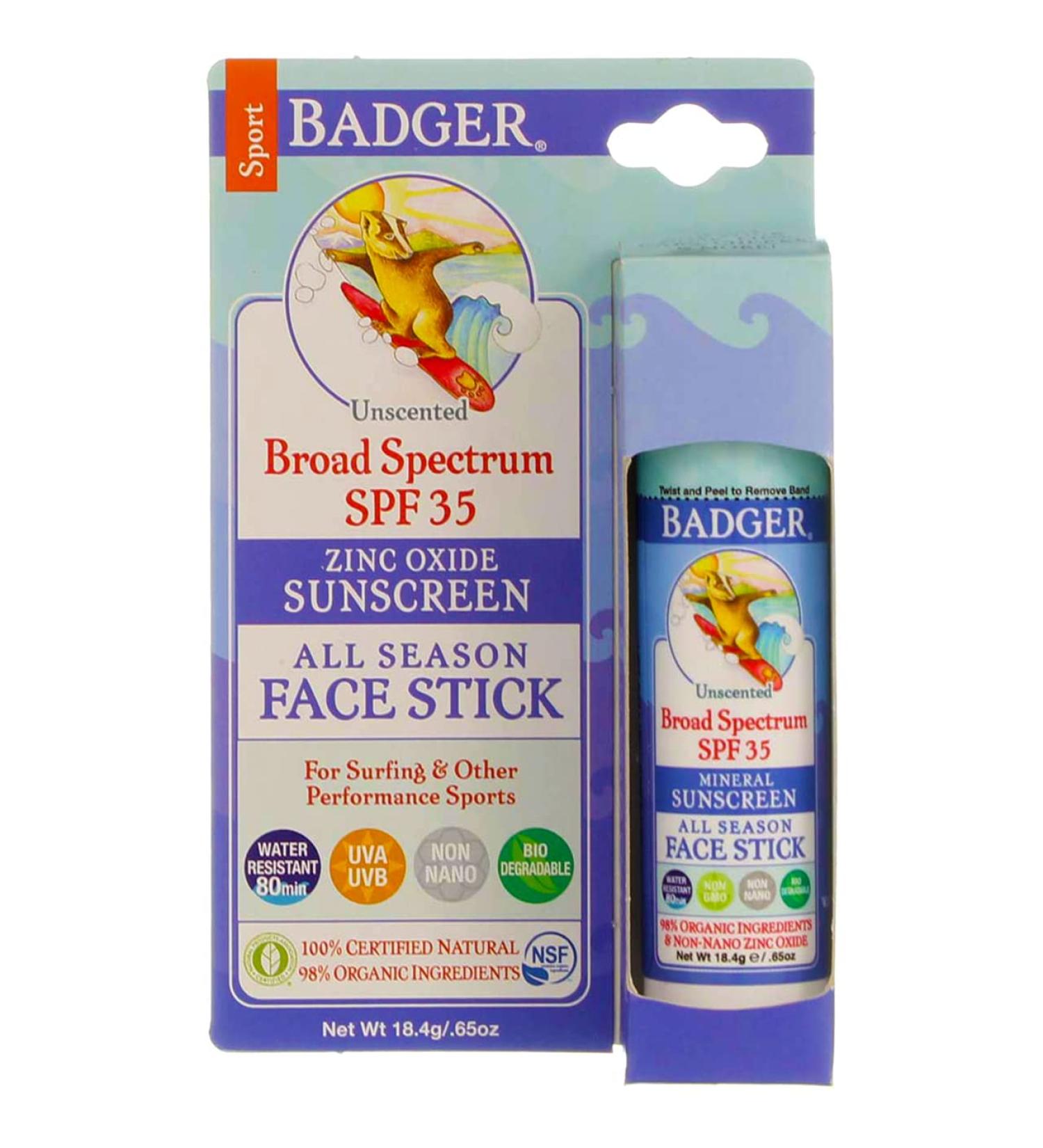 Badger All Season Face Stick Sport Sunscreen SPF 35 Unscented - 0.65 oz | Mineral Protection - Buy Online on GoSupps.com