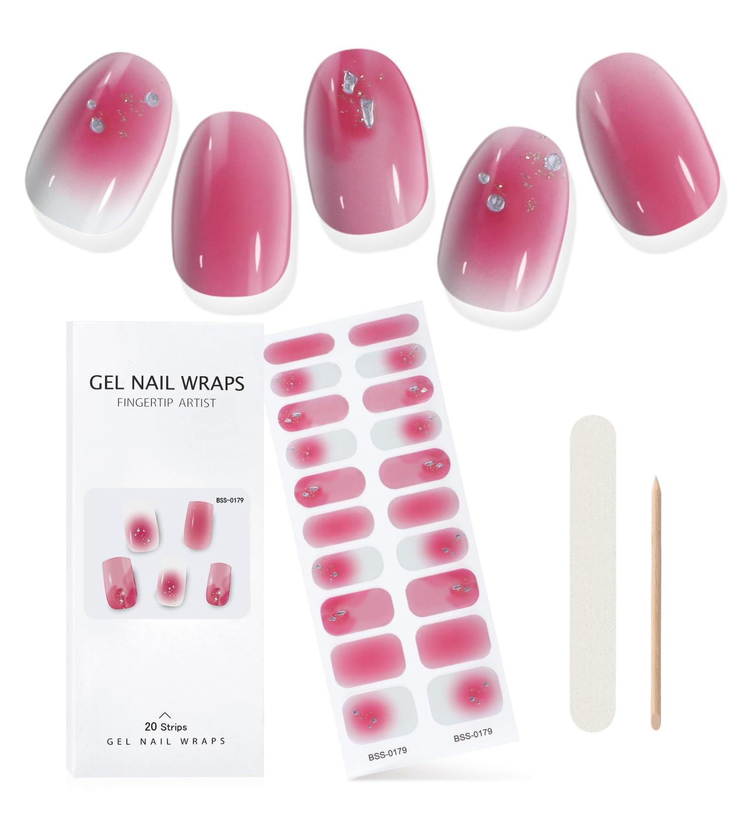 EBANKU Pink Flash Gel Nail Strips | Long Lasting Waterproof Nail Polish Wraps | Includes Cuticle Stick, Nail File & Wipes - Buy Online on GoSupps.com