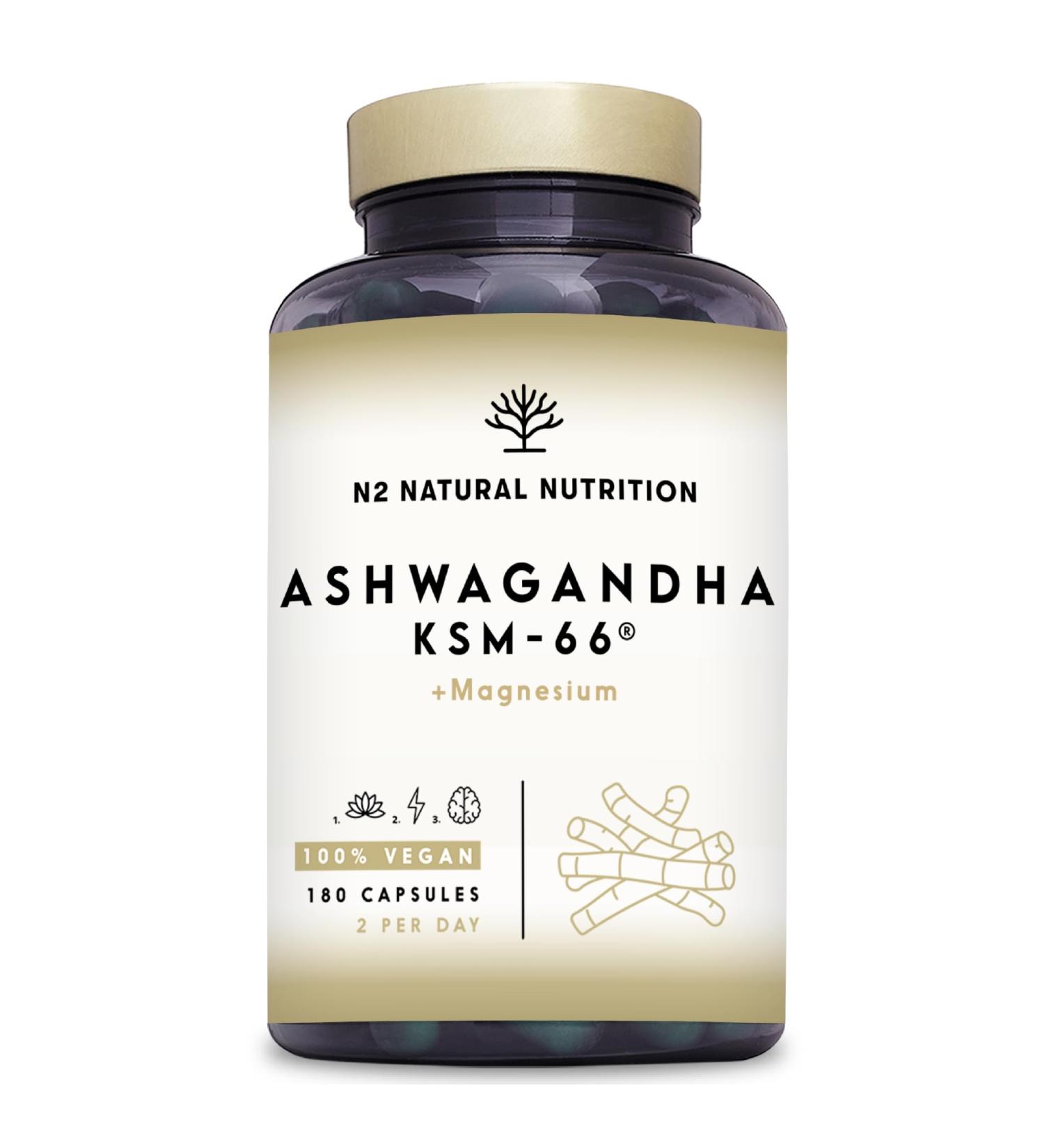 Ashwagandha KSM-66 + Magn sium. 7500 mg Extrait 180 G lules. Withanolides Alcalo des Flavono des Adaptog ne Complet pour Sommeil Humeur Vitalit . N2 Natural Nutrition Ashwagandha 180 - Buy Online on GoSupps.com