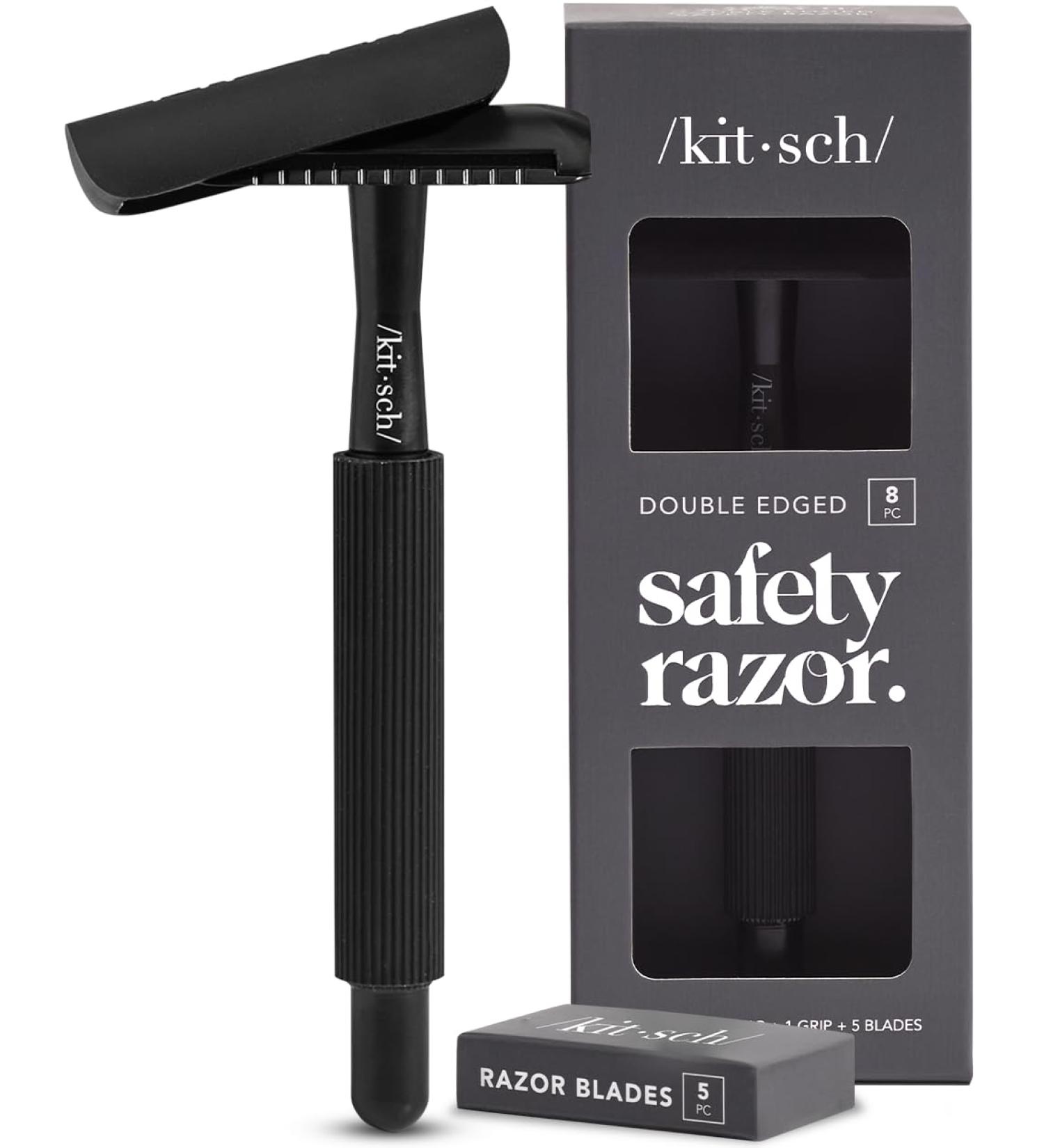 Kitsch Double Edge Safety Razor - Reusable Razor for Men & Women Includes 5 Refills Extra-Long Handle Silicone Cap - Perfect Travel Essential in Black - Buy Online on GoSupps.com