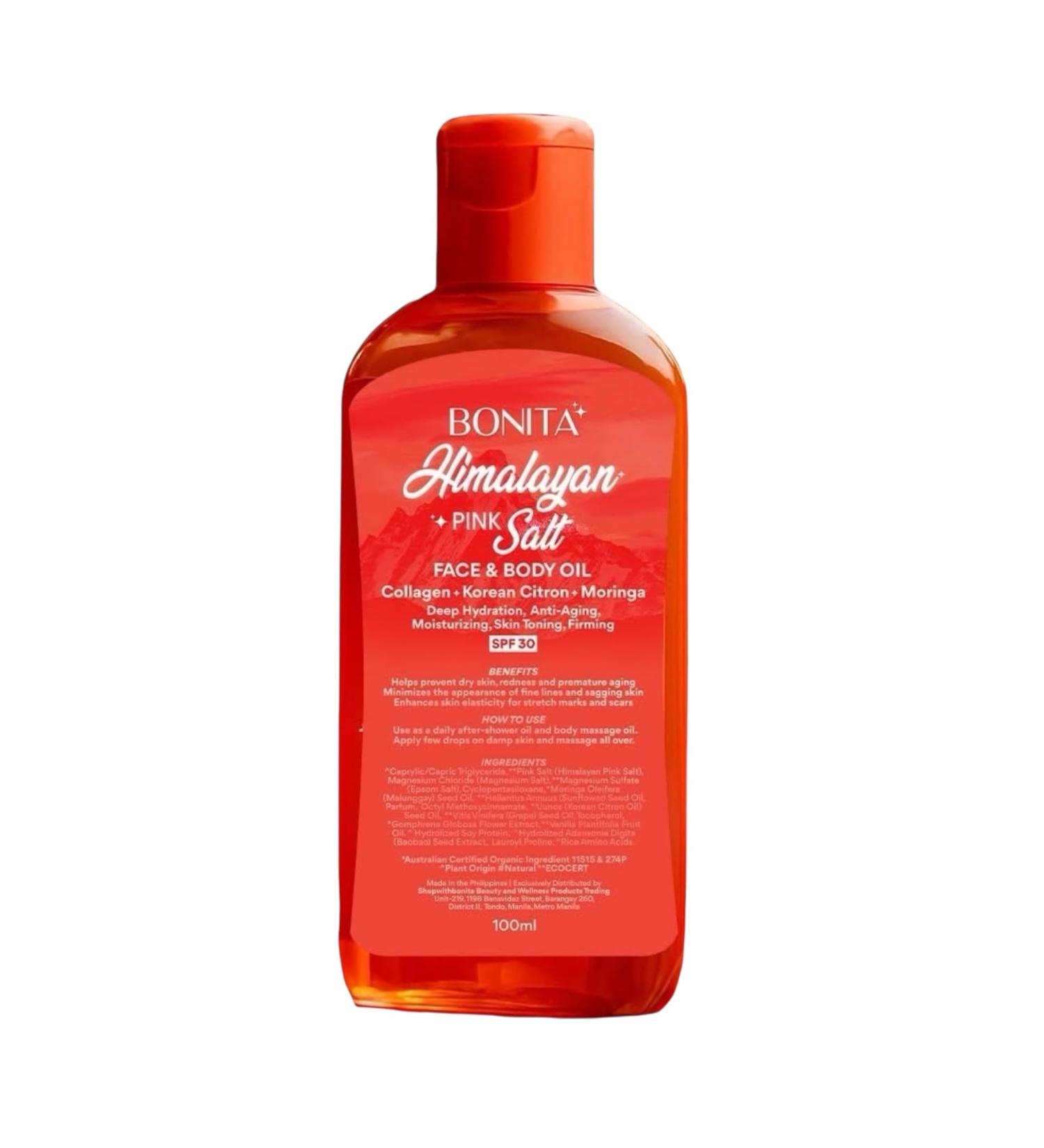 Bonita Himalayan Pink Salt Face & Body Oil SPF 30 100ml | Collagen Infused with Korean Citron & Moringa for Deep Hydration and Skin Firming