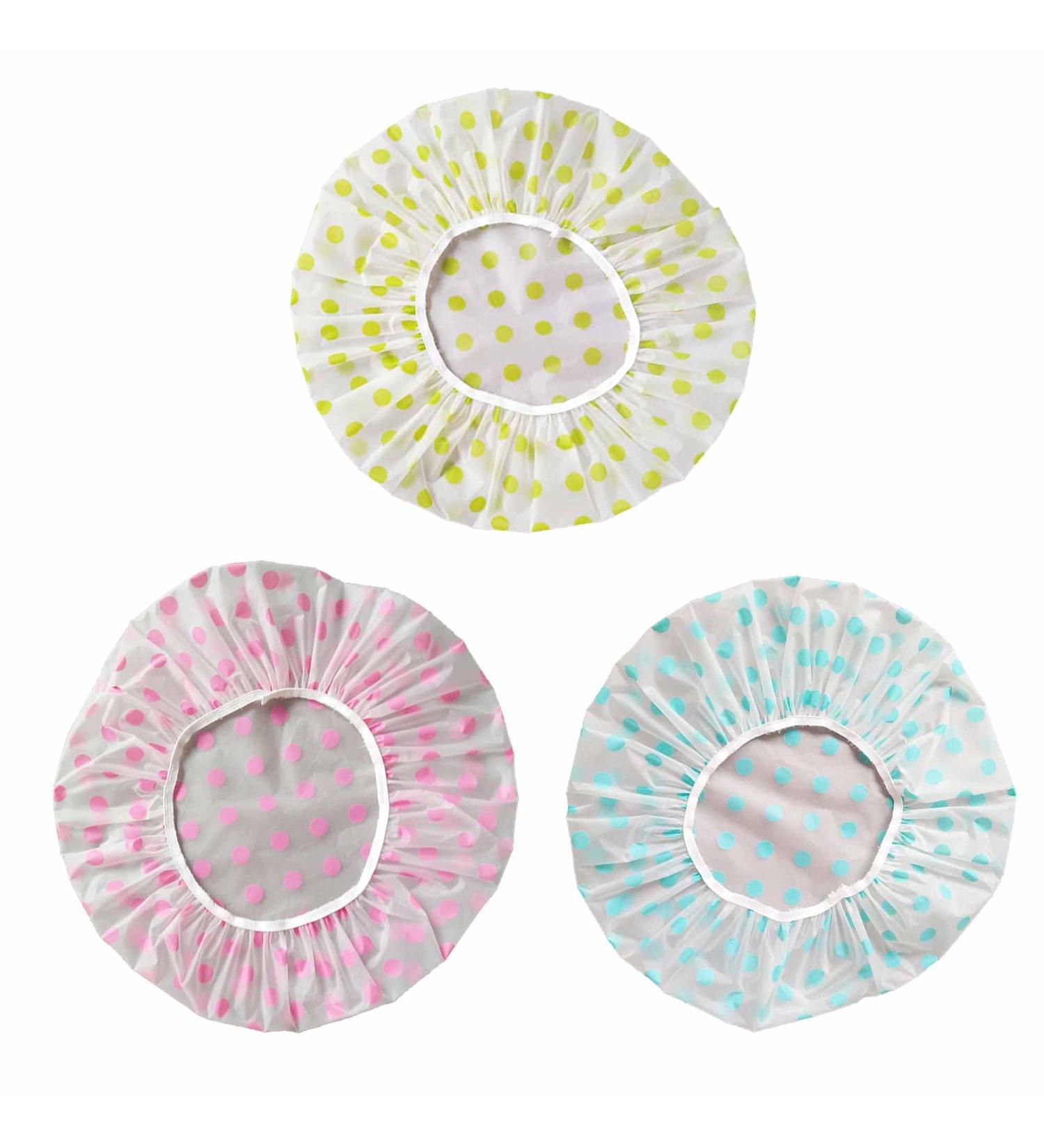 Waterproof EVA Plastic Shower Caps - Set of 3 Polka Dot Pattern Bath Caps for Women - Reusable Elastic Hair Protection - Buy Online on GoSupps.com