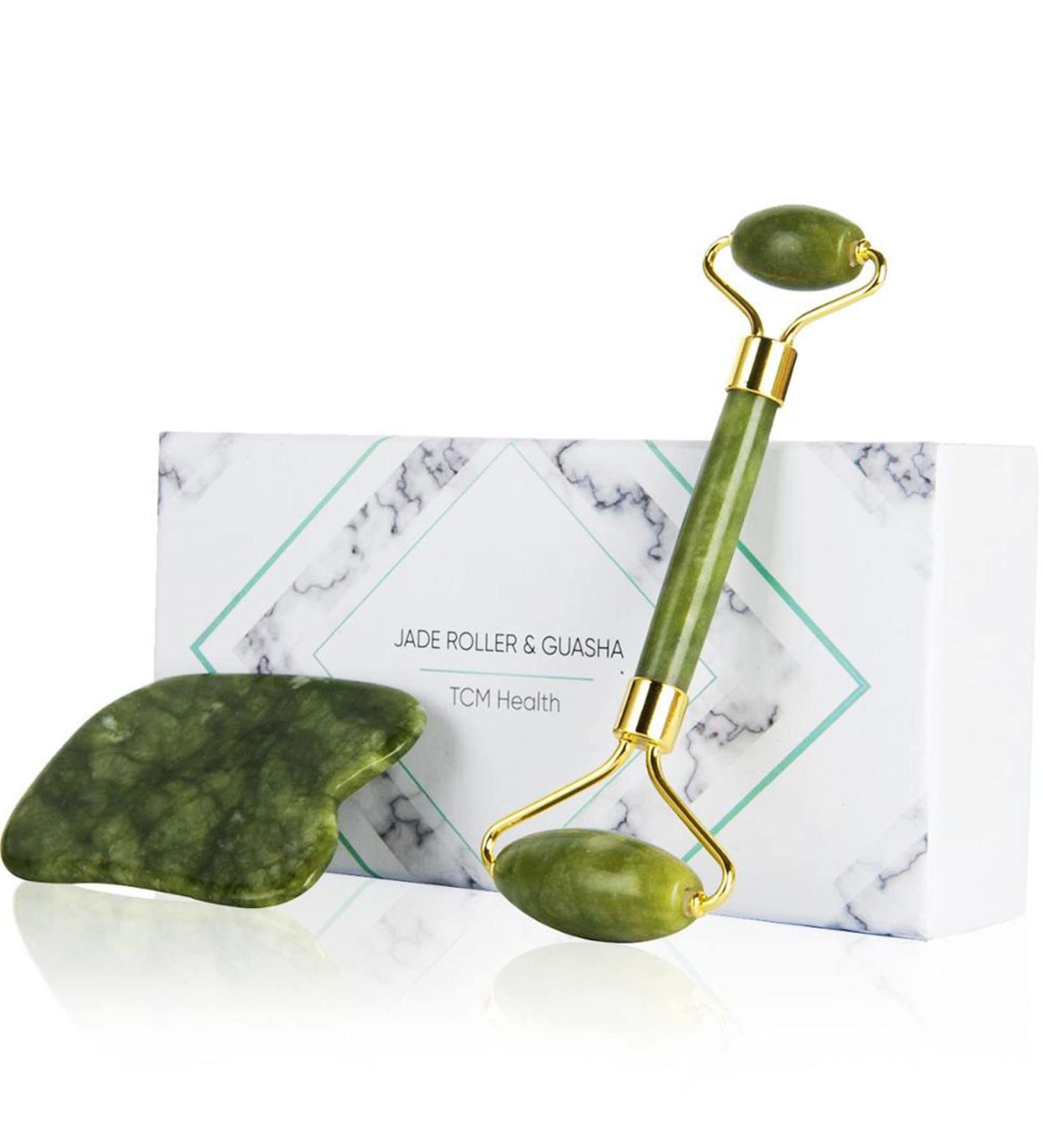 Jade Roller and Gua Sha Set for Beauty Facial Massage - Natural Dark Green Jade Stone - Anti-Wrinkles Treatment - Buy Online on GoSupps.com