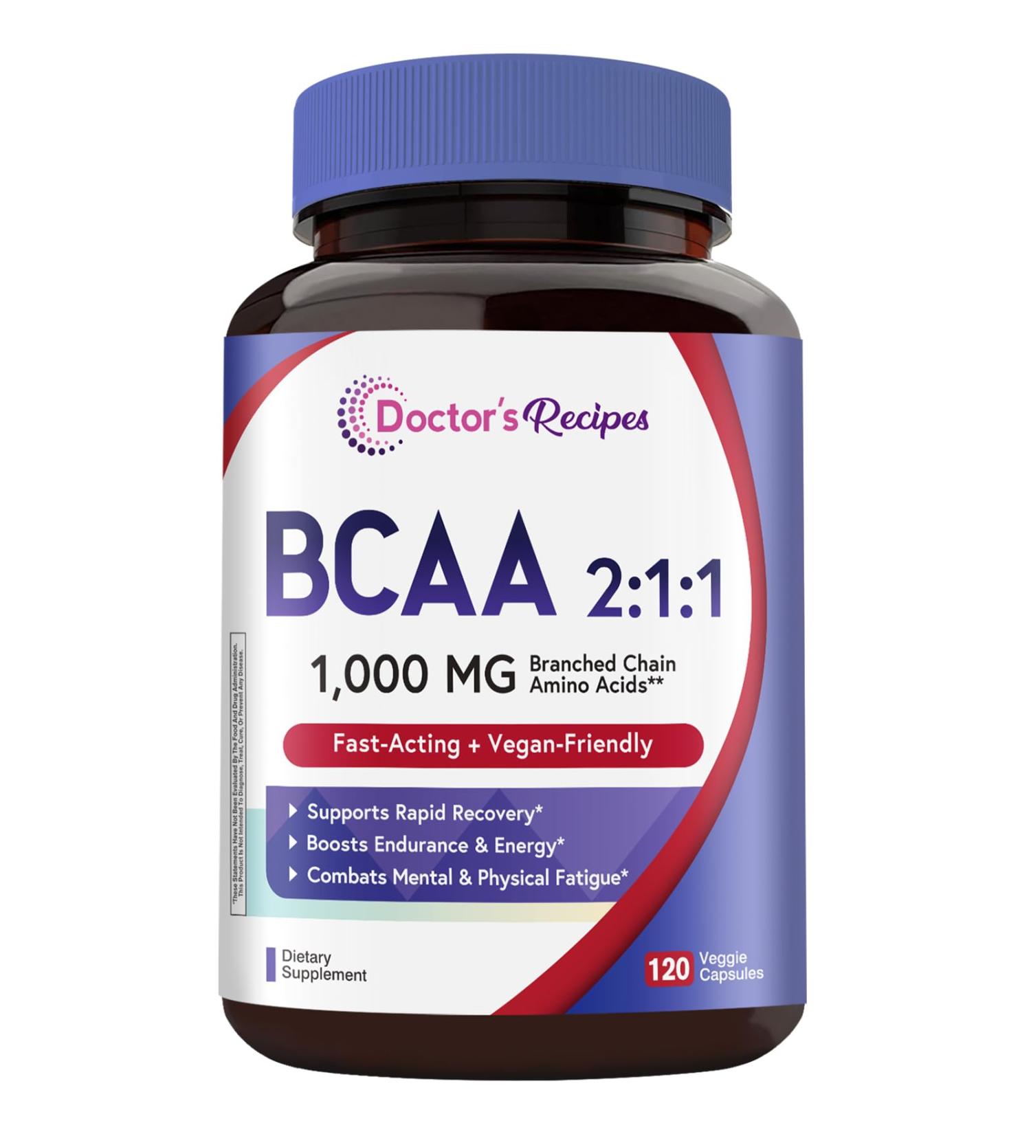 Doctor's Recipes BCAA 1000 mg 2:1:1 Ratio L-Leucine L-Isoleucine L-Valine Branched Chain Amino Acids Fast Recovery Endurance Energy Vegan 120 Capsules 120 Count (Pack of 1) - Buy Online on GoSupps.com