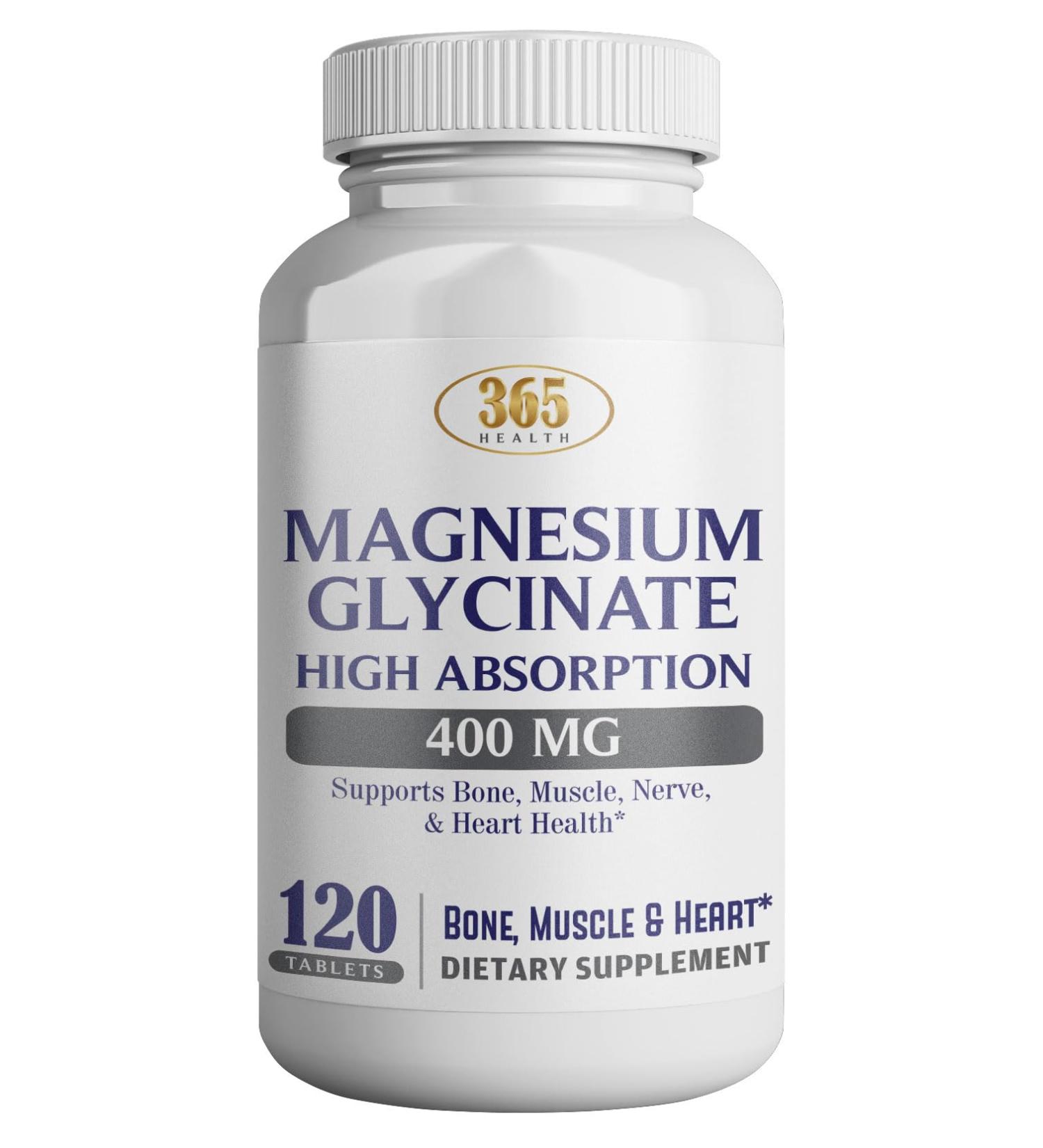 365 Health Magnesium Glycinate 400mg Per Serving 120 Tablets High Absorption Supplement for Bone Muscle & Heart Health - Buy Online on GoSupps.com