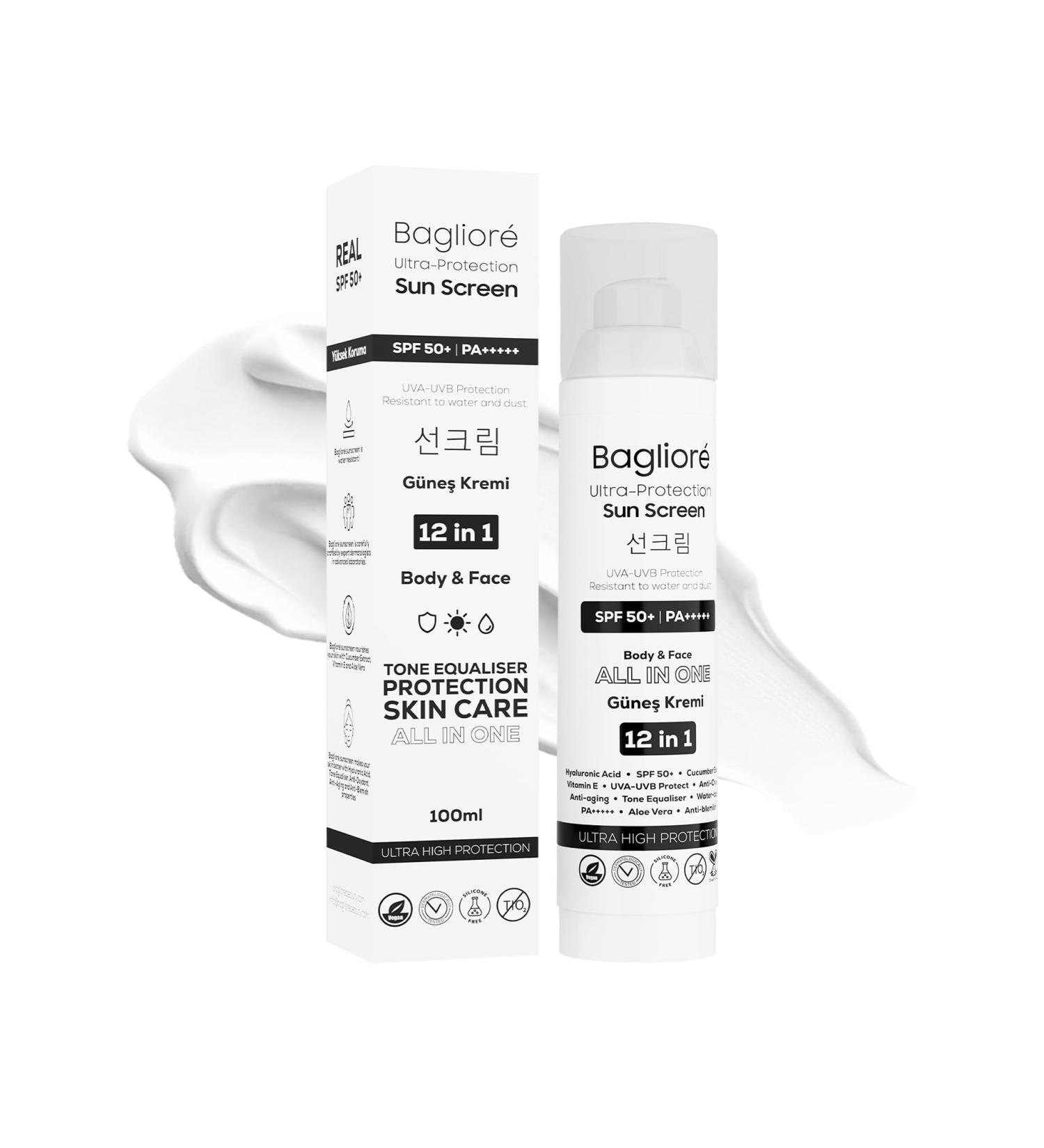 Bagliore Ultra-Protection Sunscreen SPF 50+ Moisturizer with Zinc Oxide & Hyaluronic Acid PA+++++ 12 in 1 Body & Face 3.38 fl oz - Buy Online on GoSupps.com