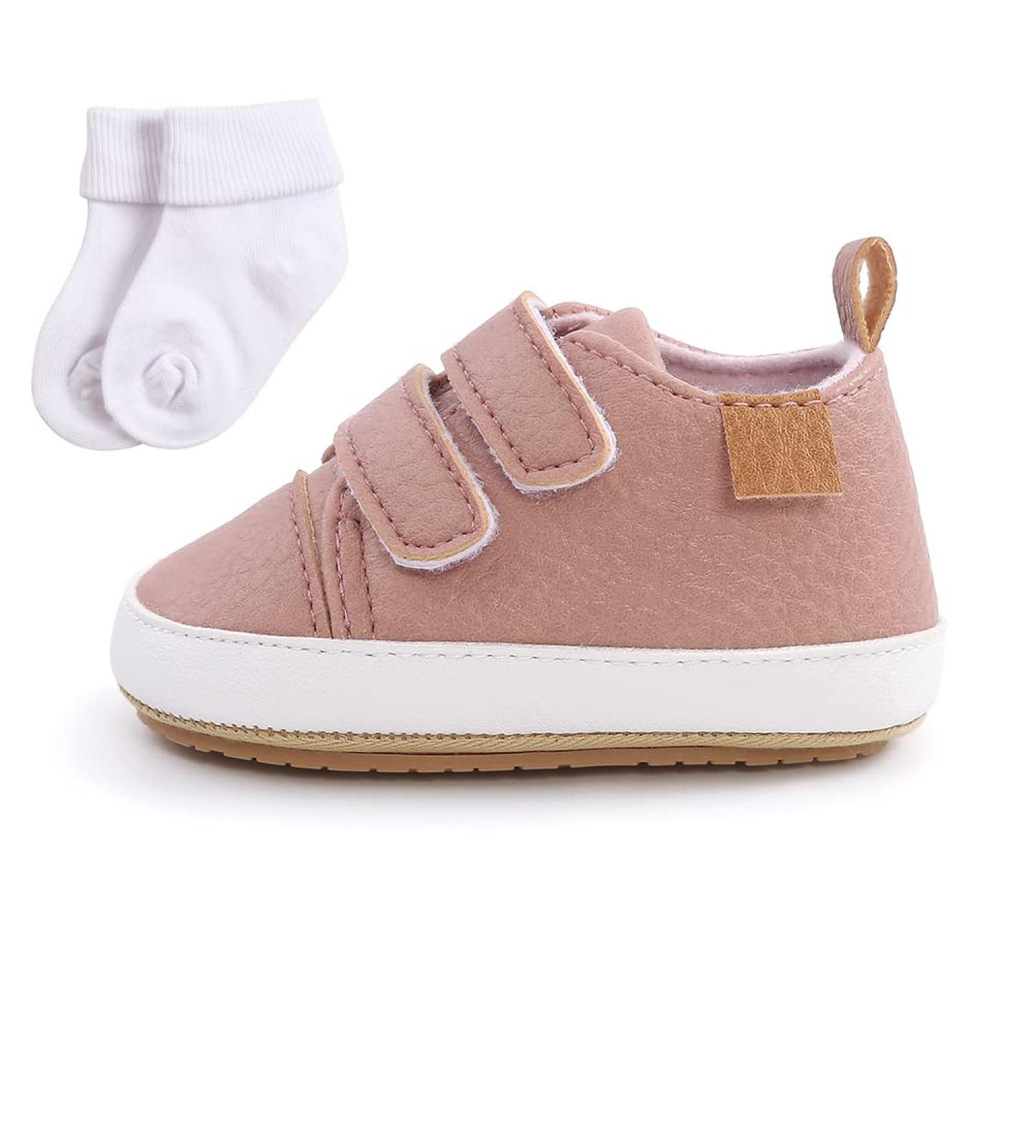 Baby Sneakers - PU Leather Anti-Slip First Walking Shoes for Boys & Girls 0-18 Months with Socks - Pink (0-6 Months) - Buy Online on GoSupps.com