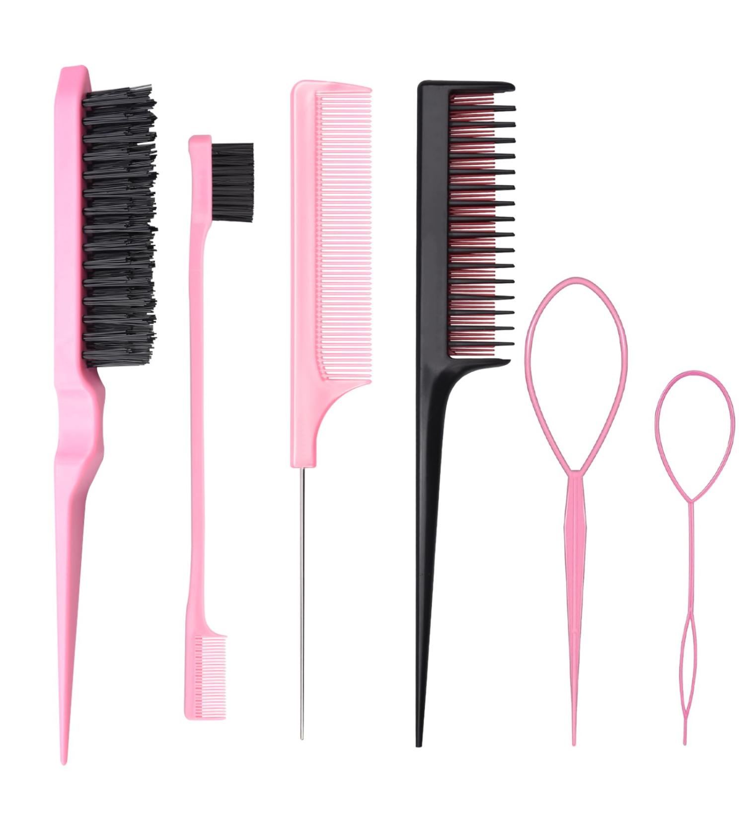 6 Pcs Hair Styling Comb Kit Teasing Comb Brush Set Includes Fluffy Hair Brush Double Sided Edge Control Brush Triple Teasing Comb Fine Metal Rat Tail Comb for Women Professional Barber (Pink) - Buy Online on GoSupps.com