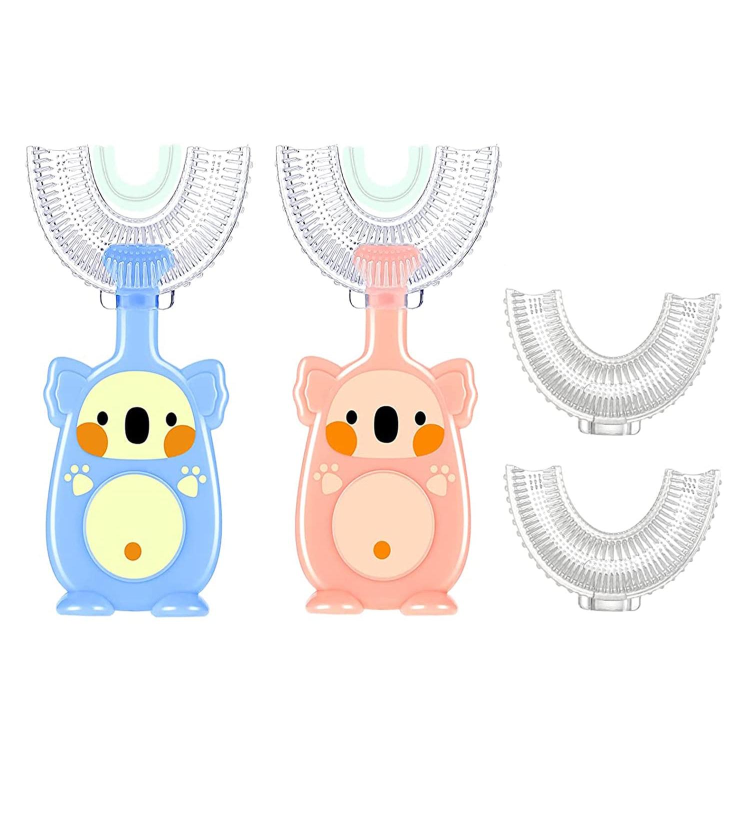 Kids U-Shaped Toothbrush Set - 4 Silicone Brush Heads for 360 Cleaning Ages 6-12 - Ergonomic Food-Grade Orange & Blue - Buy Online on GoSupps.com