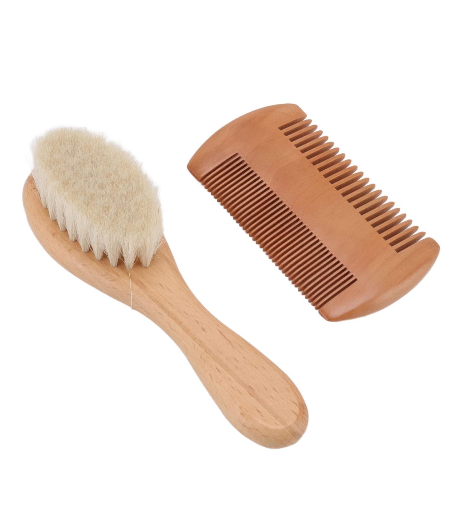 Baby Hairbrush Set with Goat Bristles | Newborn Hairbrush for Lacteal Scab Prevention | Double Sided Comb | Wooden | Ideal Gift - Buy Online on GoSupps.com