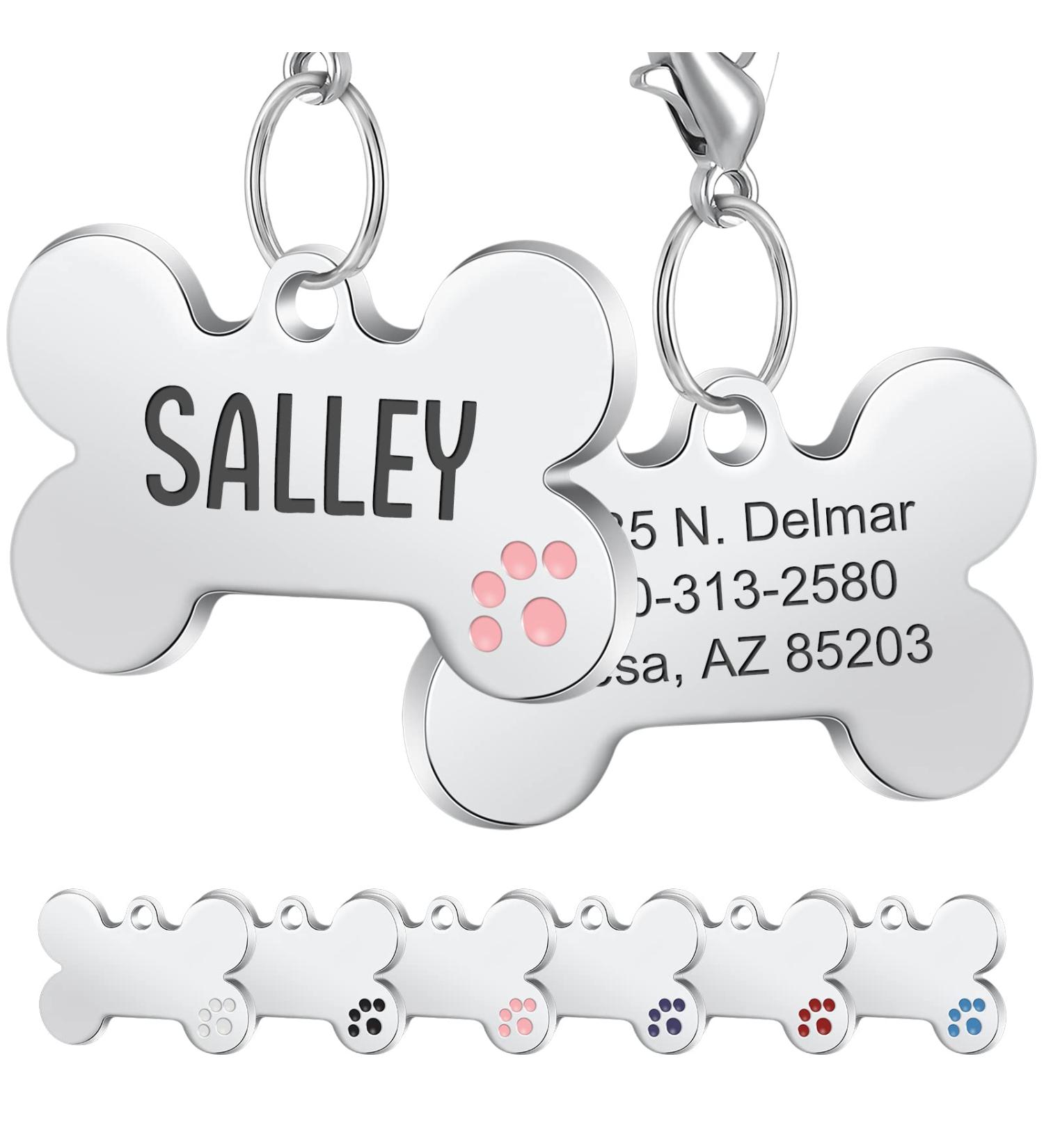 Natiform Personalized Engraving Pet ID Tag - Pink Bone Paw Print Dog Tag - Custom 4-Line Engraved Pet Name Tag - Durable Engraving - 1 Pack - Buy Online on GoSupps.com