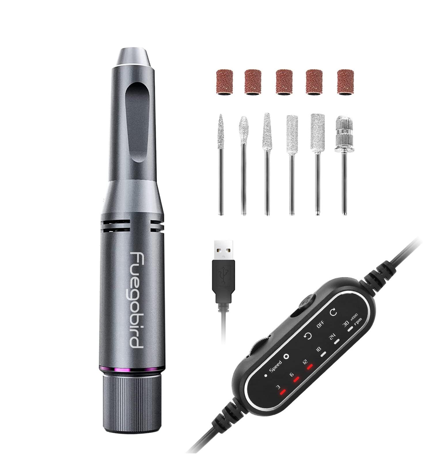 Fuegobird Electric Nail Drill Kit - Professional Manicure Pedicure Efile Machine - 30000 RPM - Portable USB Nail File Tool for Acrylic Gel Nails - Home and Salon Use - Buy Online on GoSupps.com