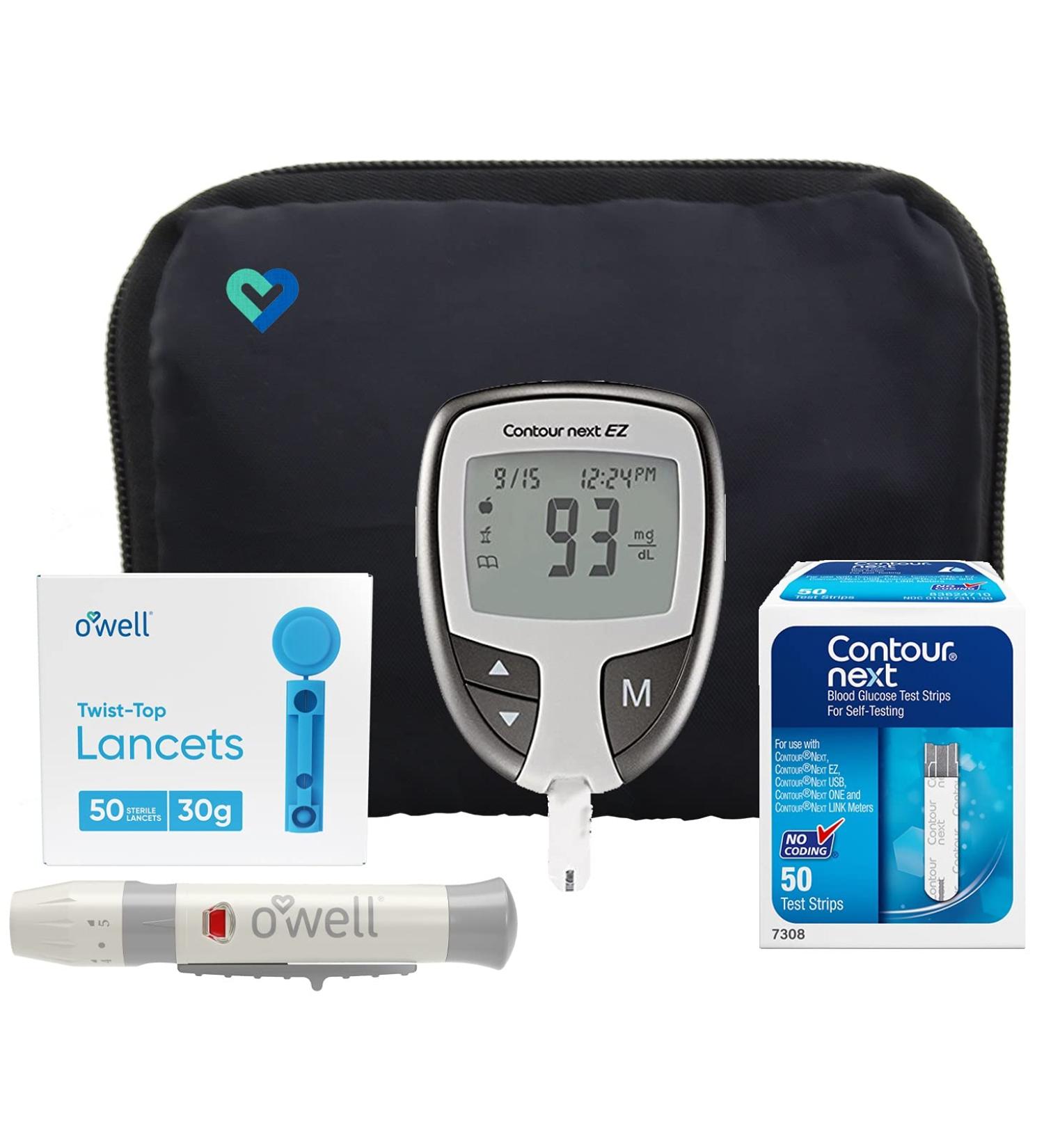 Contour Next EZ Diabetes Testing Kit with Meter, Test Strips, Lancets, Lancing Device, LogBook, and Carry Case - 50 Count - Buy Online on GoSupps.com