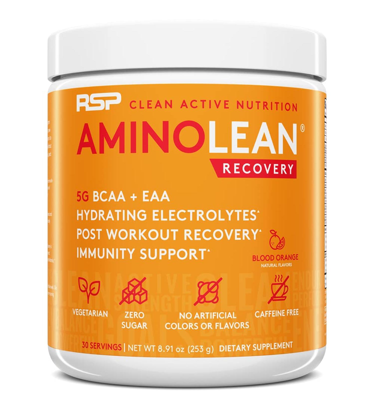 RSP AminoLean Recovery - Post Workout BCAAs Amino Acids Supplement with Electrolytes for Hydration Boost and Muscle Recovery - Vegan Aminos - Blood Orange Flavor - 30 Servings - Buy Online on GoSupps.com