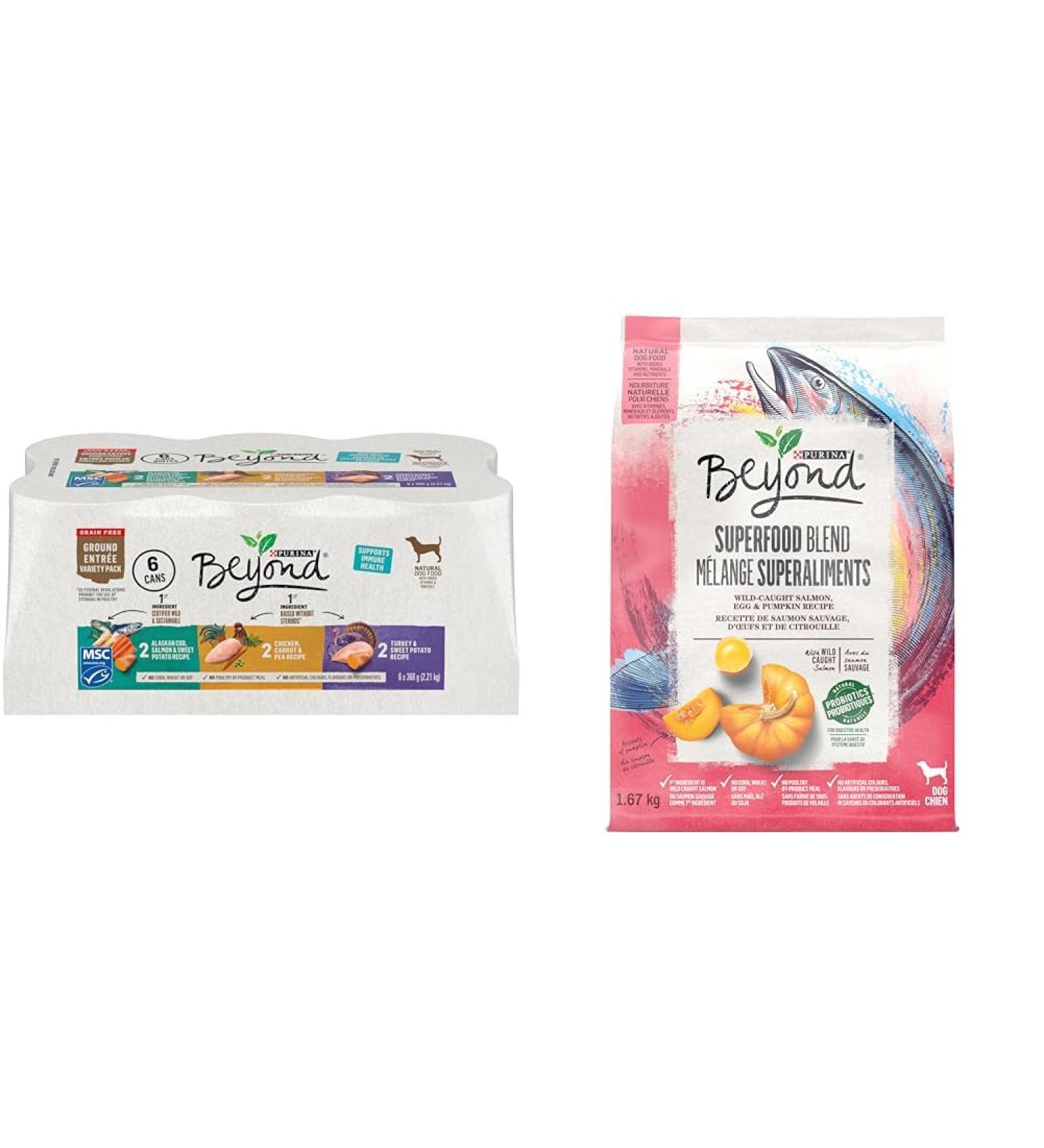 Beyond Grain Free Natural Wet Dog Food Ground Entree Variety Pack 3 Flavours - 368 g Can (6 Pack) & Superfood Blend Natural Dry Dog Food Wild Caught Salmon Egg & Pumpkin - 1.67 kg Bag Wet Dog Food + PET_FOOD 00055800330062 - Buy Online on GoSupps.com