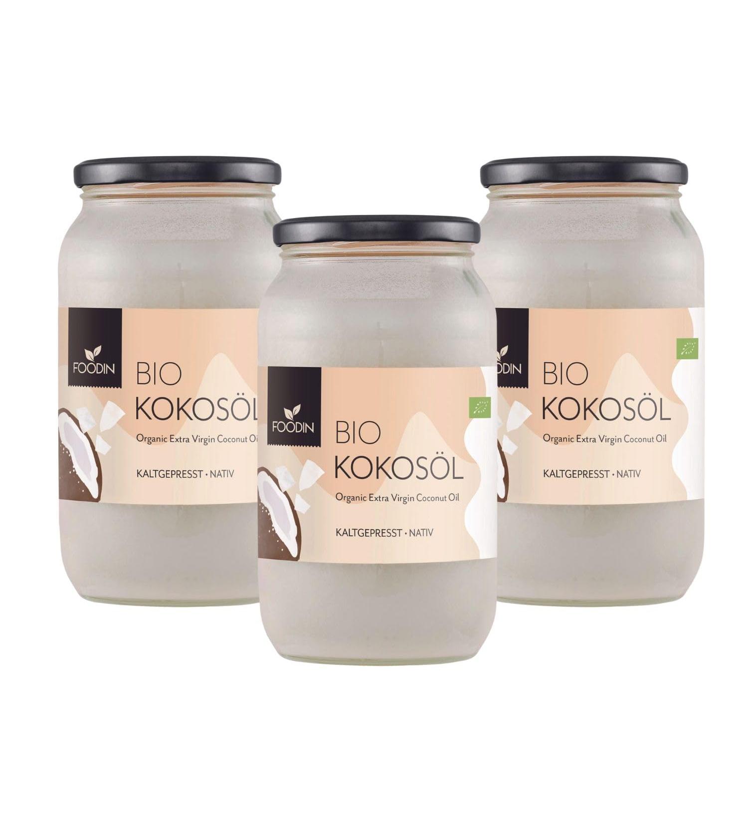 FOODIN Organic Coconut Oil 3000ml (3 x 1000 ml) Virgin Cold-Pressed Premium Quality Coconut Oil in a 1 Liter Glass Good Option for Frying and Cooking - Buy Online on GoSupps.com