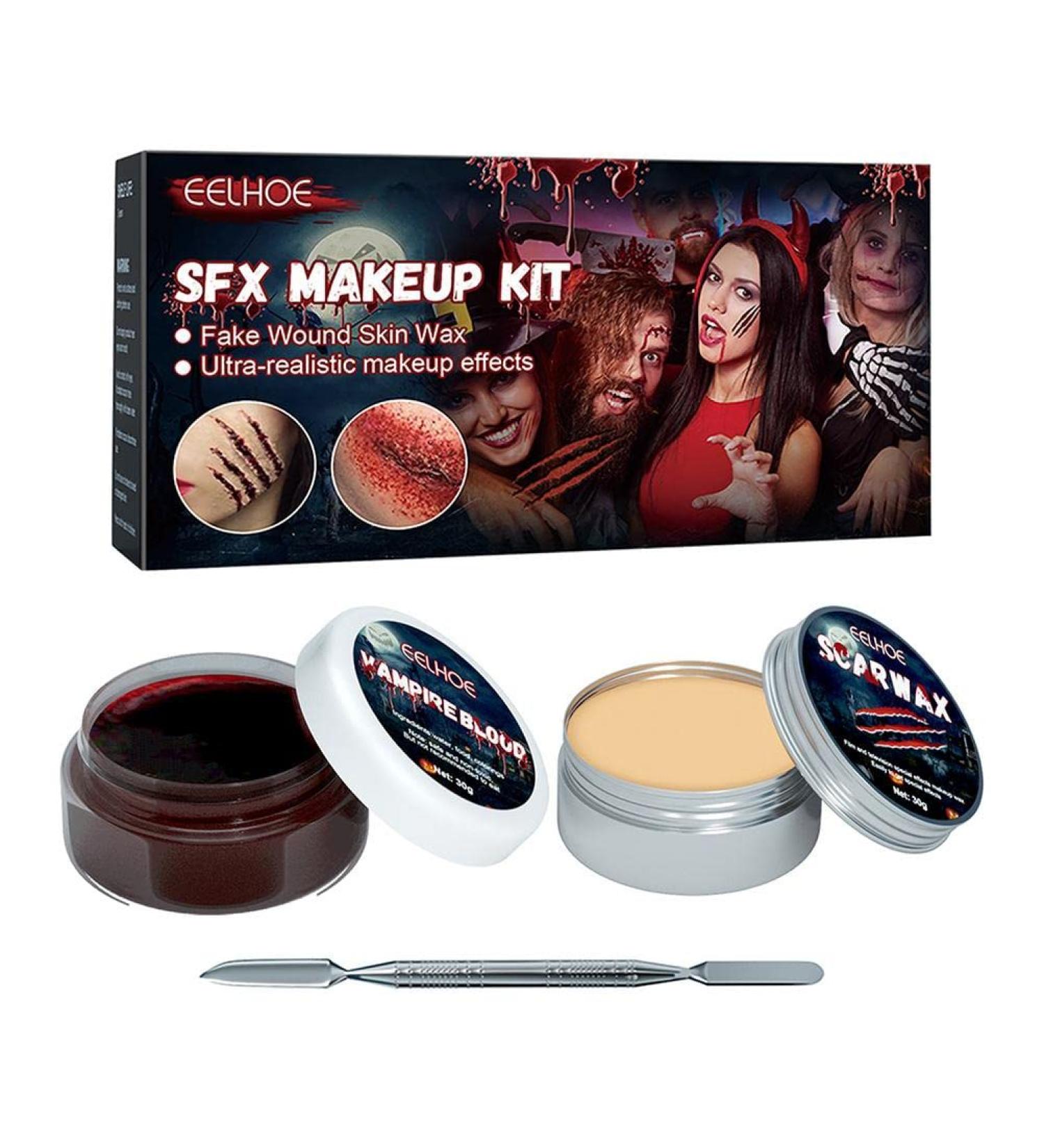  Mrisata Halloween Scar Wax Fake Blood Gel Makeup Kit Skin Wax Special Effects Scene Fake Scar Wound Molding with Spatula (A) - Buy Online on GoSupps.com
