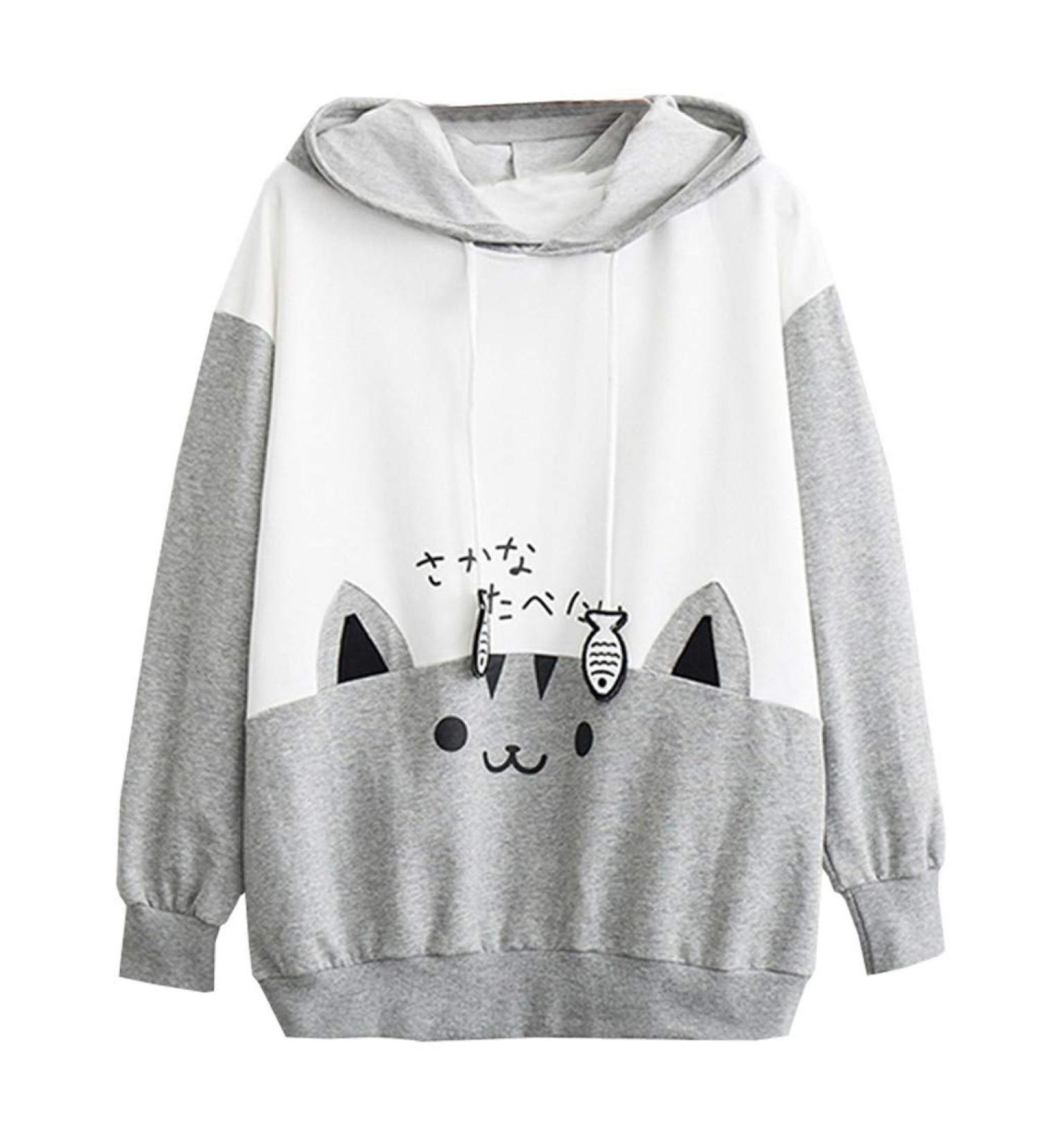 Bigfanshu Womens Dresses Casual Long Sleeve Kitty Cat Print Pocket Thin Hoodie Blouse Top Shirt Gray