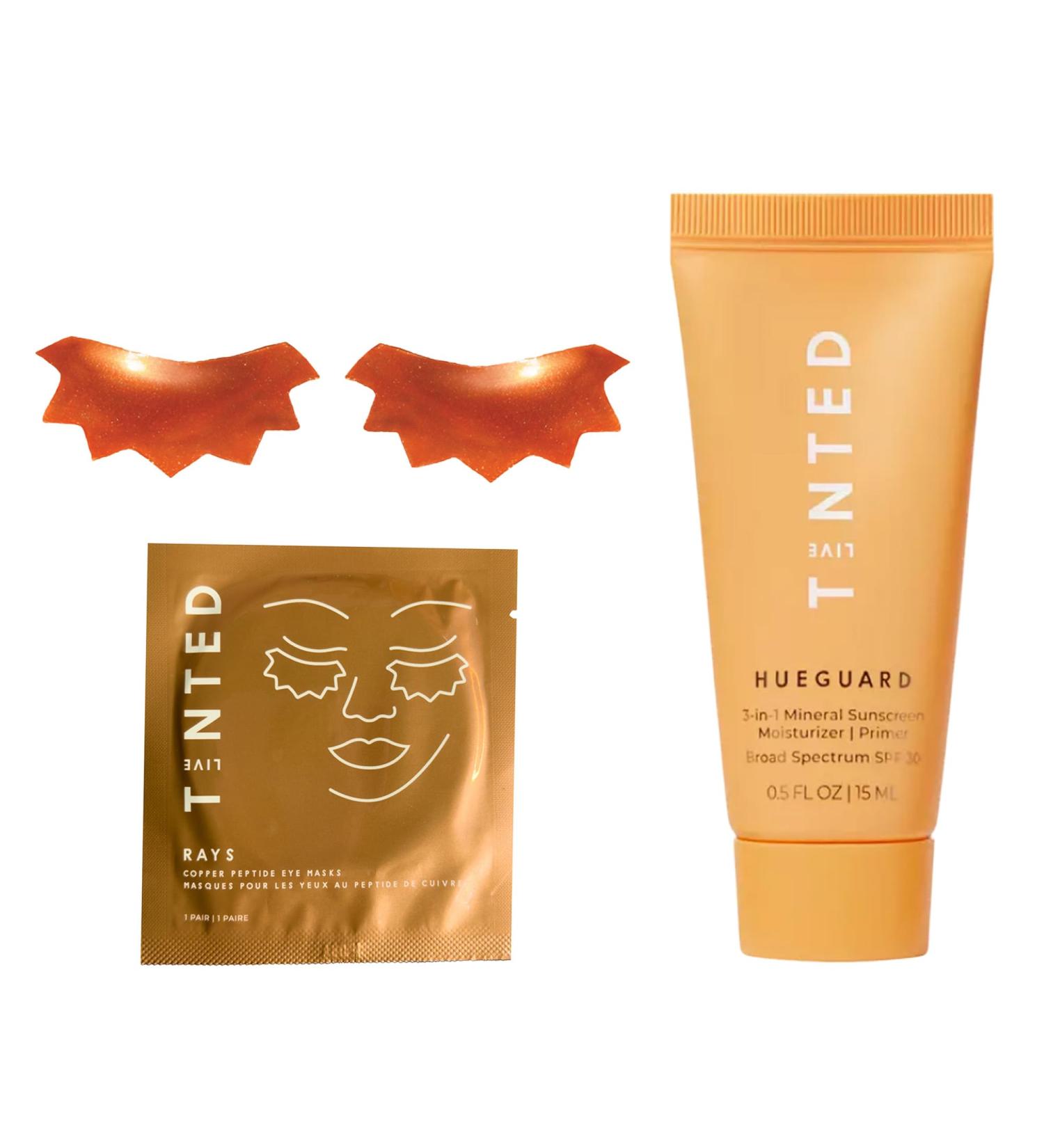 Live Tinted Travel Duo: Includes Travel-sized Hueguard 3-in-1 Mineral Sunscreen SPF 30 0.5oz & 1-Pack Rays Copper Peptide Eye Mask 2 piece-set - Buy Online on GoSupps.com
