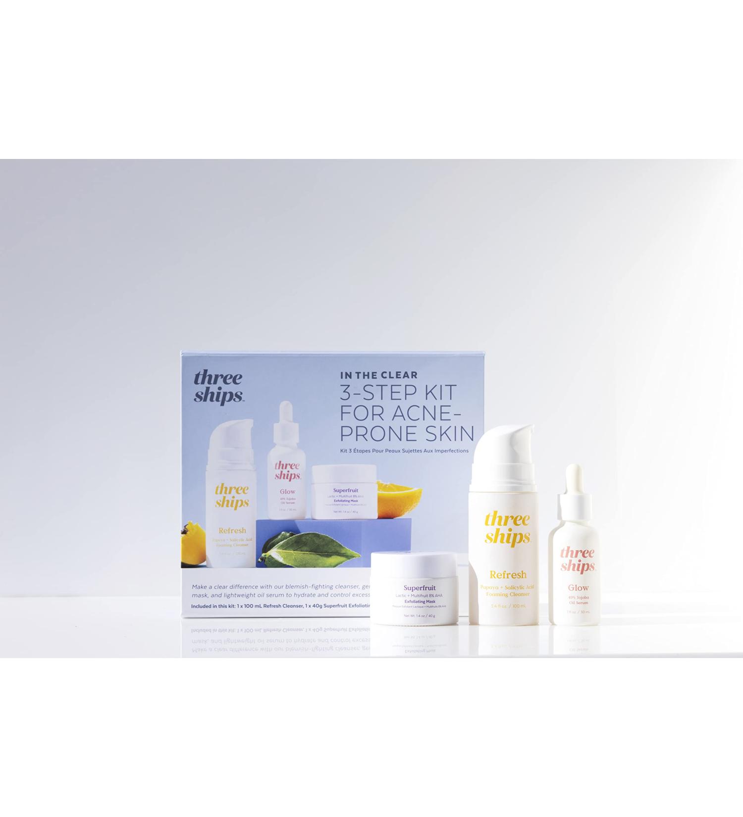 Three Ships In The Clear 3-Step Skin Care Kit for Blemish-Prone Skin - Salicylic Acid Cleanser Exfoliating Mask & Jojoba Oil Serum Featured on Dragons Den - Buy Online on GoSupps.com