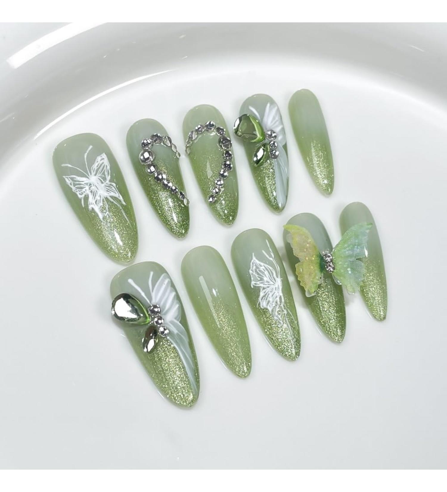 10Pc Blush Powder Almond False Nails Relief Hand drawn Bow Star Design Press on Nails Handmade Full Cover False Nail Tips(Color:9 Size:S)