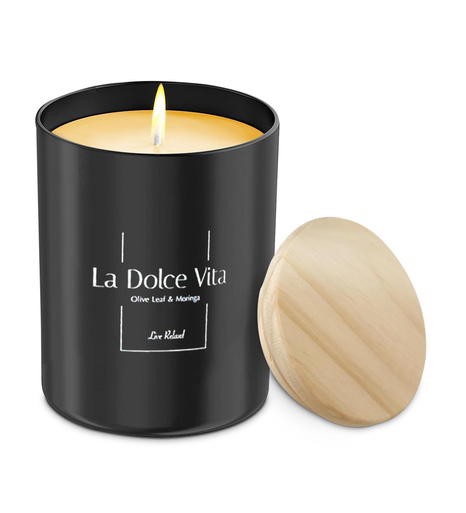 Relaxd Premium Olive Leaf & Moringa Scented Soy Wax Candle - La Dolce Vita | Hand Poured Aromatherapy Essential Oil Candle - Buy Online on GoSupps.com
