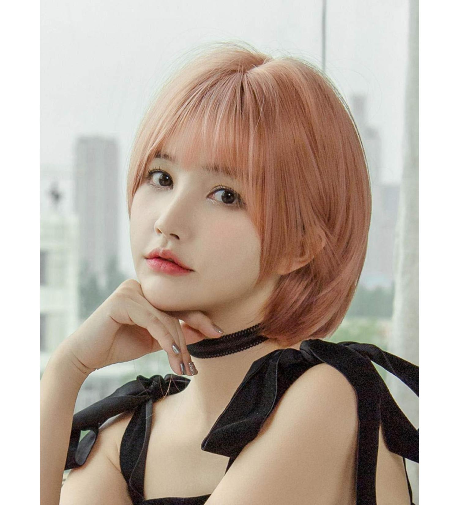 BGHJUE Wig female short hair red pink round face repair face natural girl fashion wave head full headgear