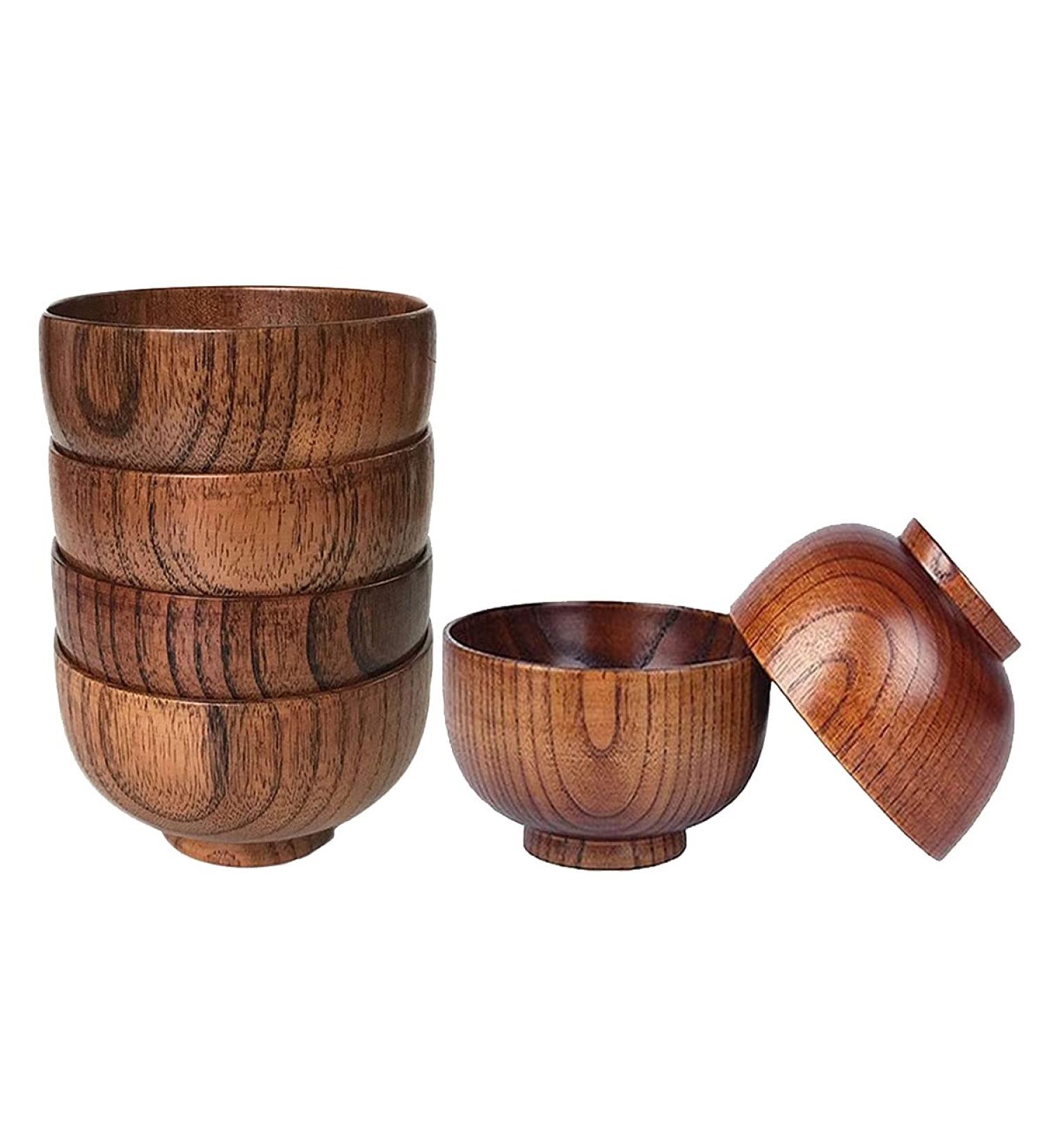 SKORDO 6 Pcs Wood Bowls Serving Tableware for Rice Soup Dip Coffee Tea Decoration Wooden Salad Bowl Kitchen Cutlery Set - Buy Online on GoSupps.com