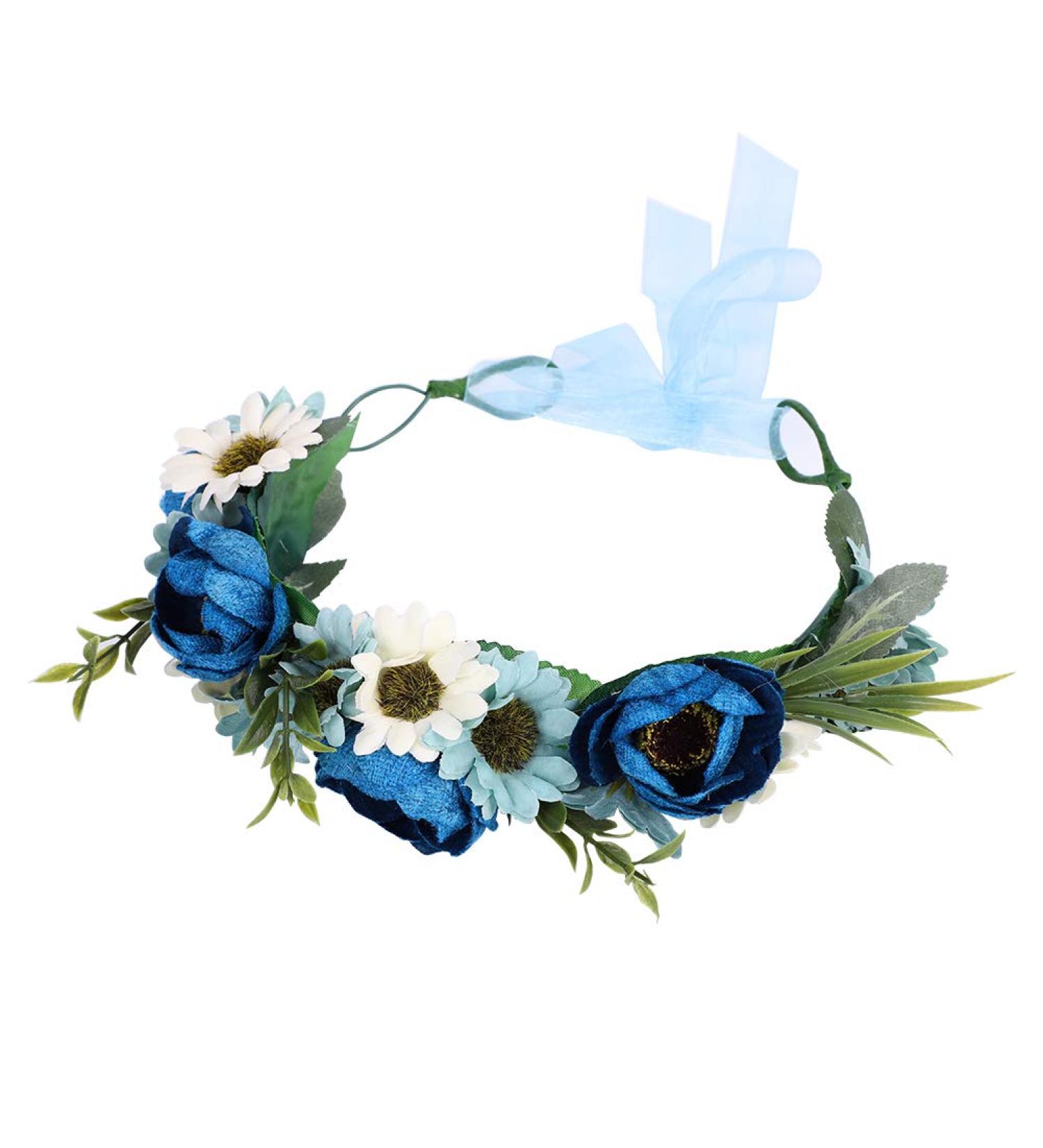 Floral Crown Headband Bride Flower Wreath Crown Flower Garland Headband Hair Wreath Hair Garland Boho Floral Headpiece with Ribbon Rose Flower Bohemian Hair Accessories for Wedding Party Festival Blue - Buy Online on GoSupps.com