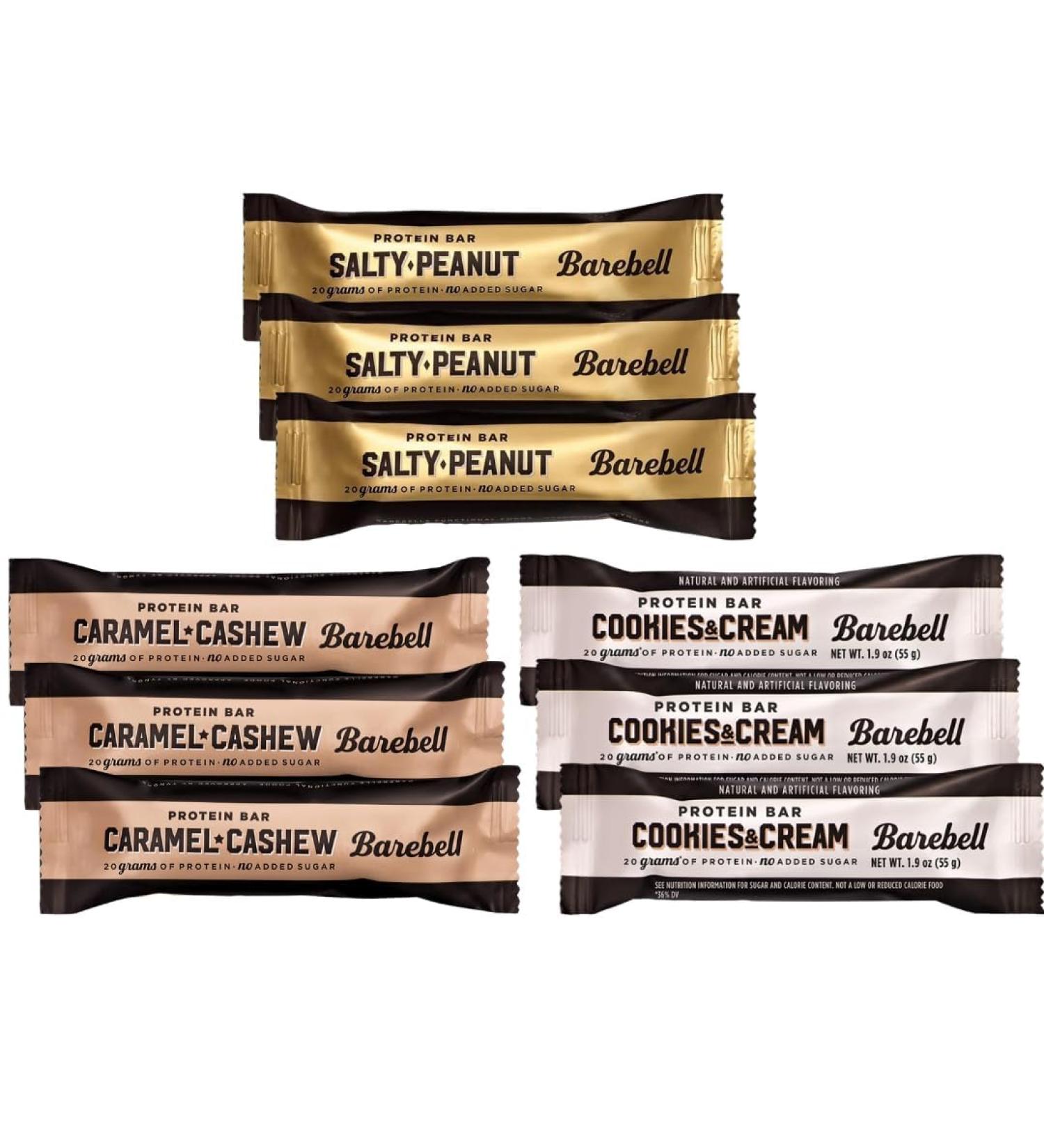 Barebels Protein Bars Variety Pack Sampler - 9 count | High Protein Low Sugar | 3 Flavors | Cookies & Cream Salty Peanut & Caramel Cashew