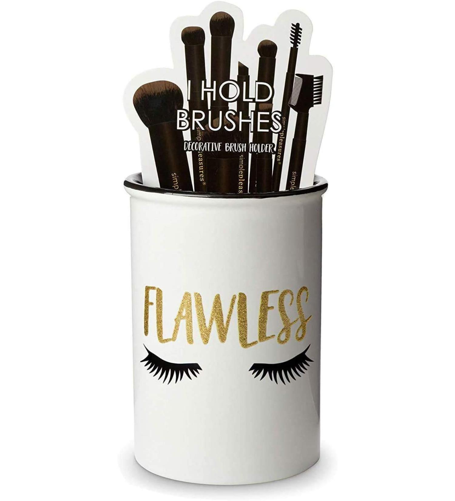Round White Ceramic Makeup Brush Holder with Cute Sayings - Flawless Cosmetic Organizer for Vanity Countertop - Buy Online on GoSupps.com