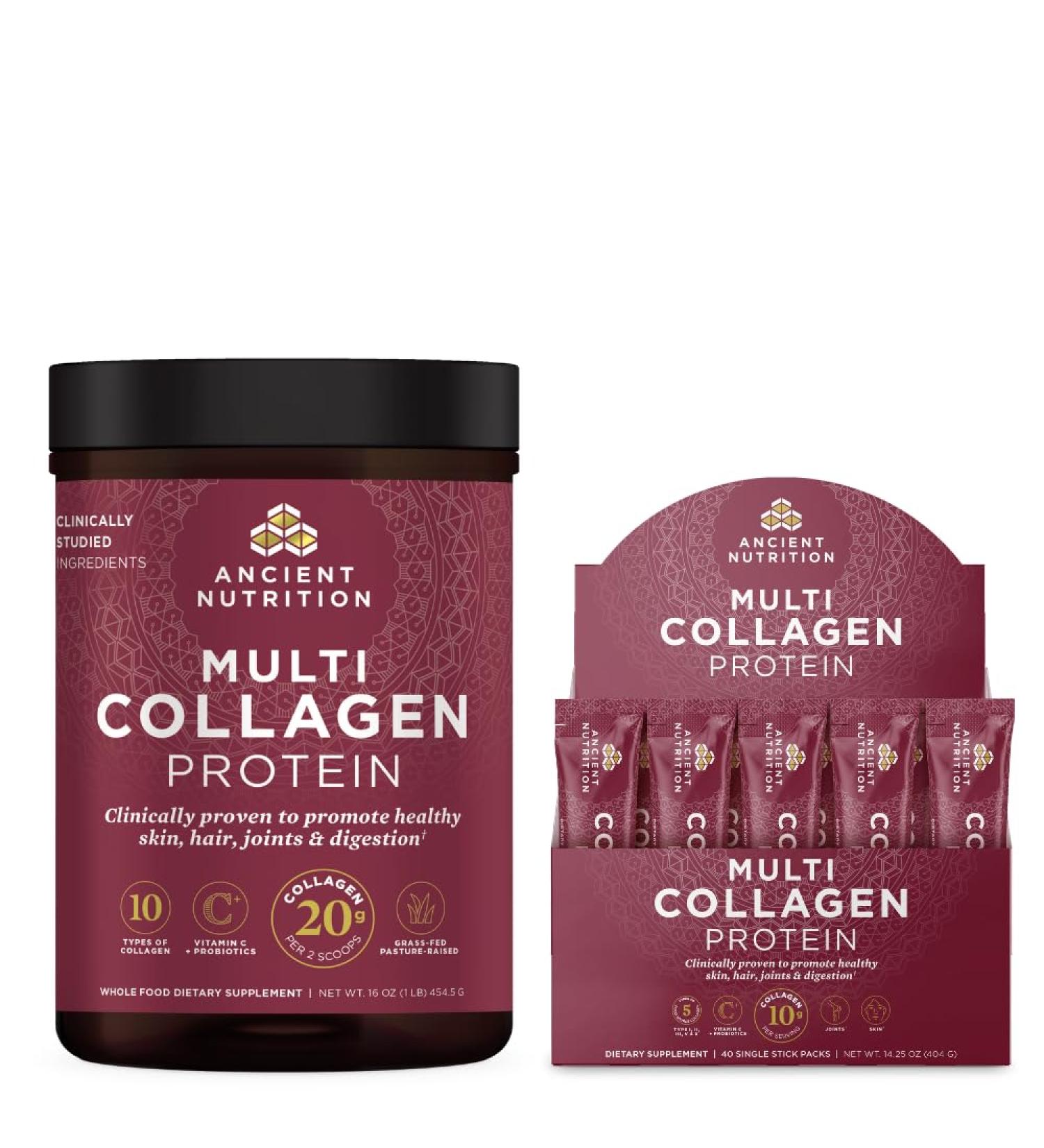 Ancient Nutrition Multi Collagen Protein Powder Unflavored 45 Servings + Multi Collagen Protein Powder Packets Unflavored 40 Packets - Buy Online on GoSupps.com