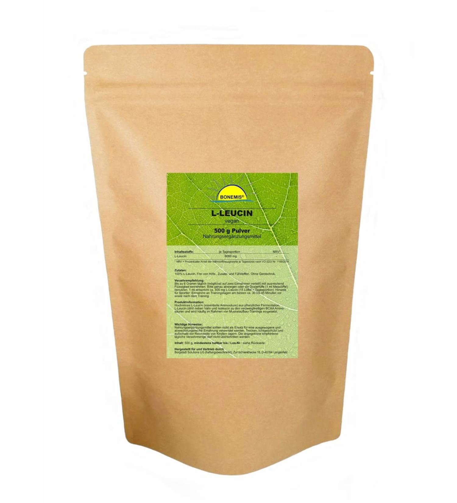 Bonemis L-Leucine (amino acid) vegan 500 g in bag premium quality without additives