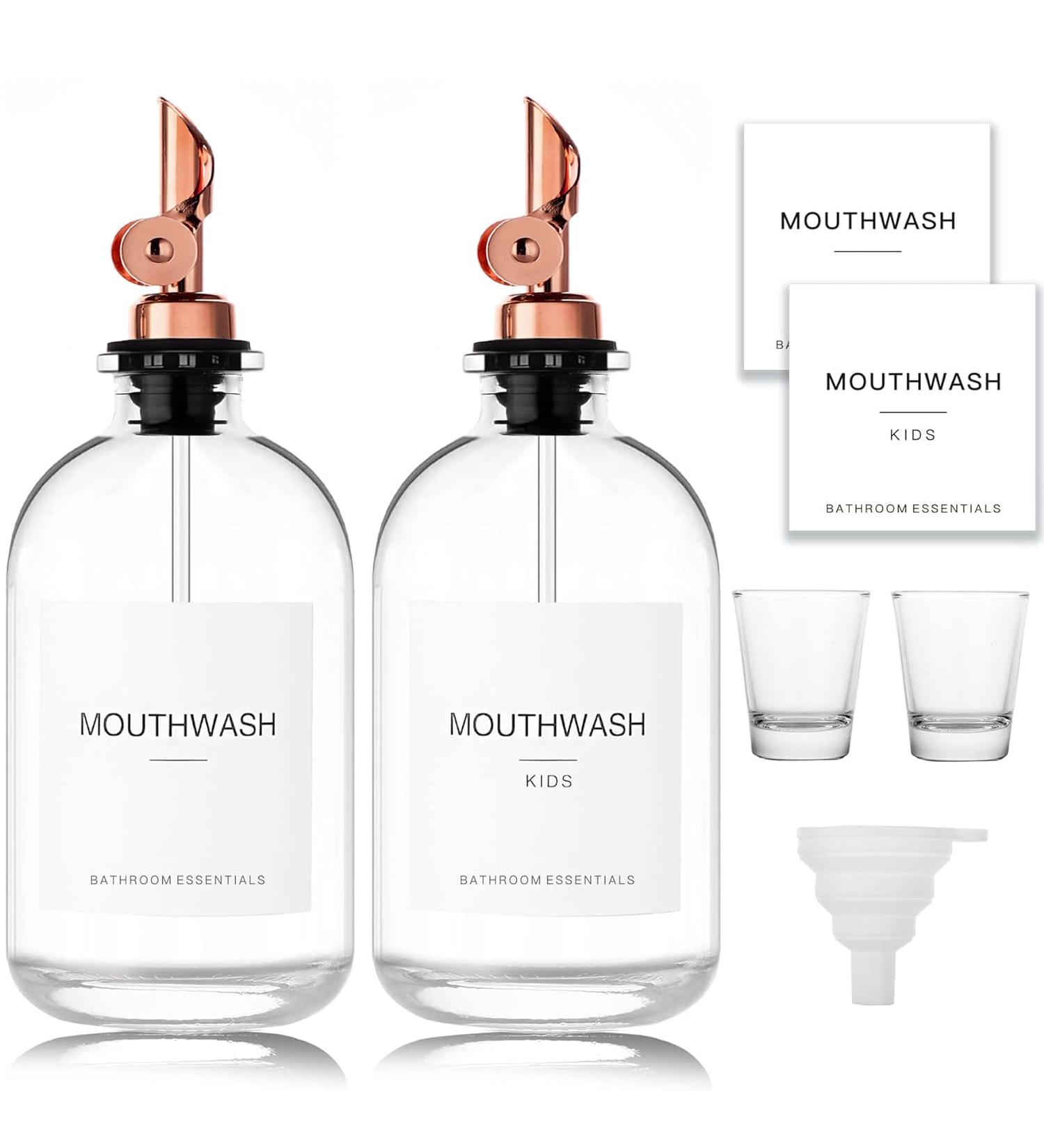 Homefeel Mundish Bathroom Flushing - 360ml Glass Mouthwash Bottle Set with Stainless Steel Pouring | Minimalist Pink Design - 2 Pieces - Buy Online on GoSupps.com