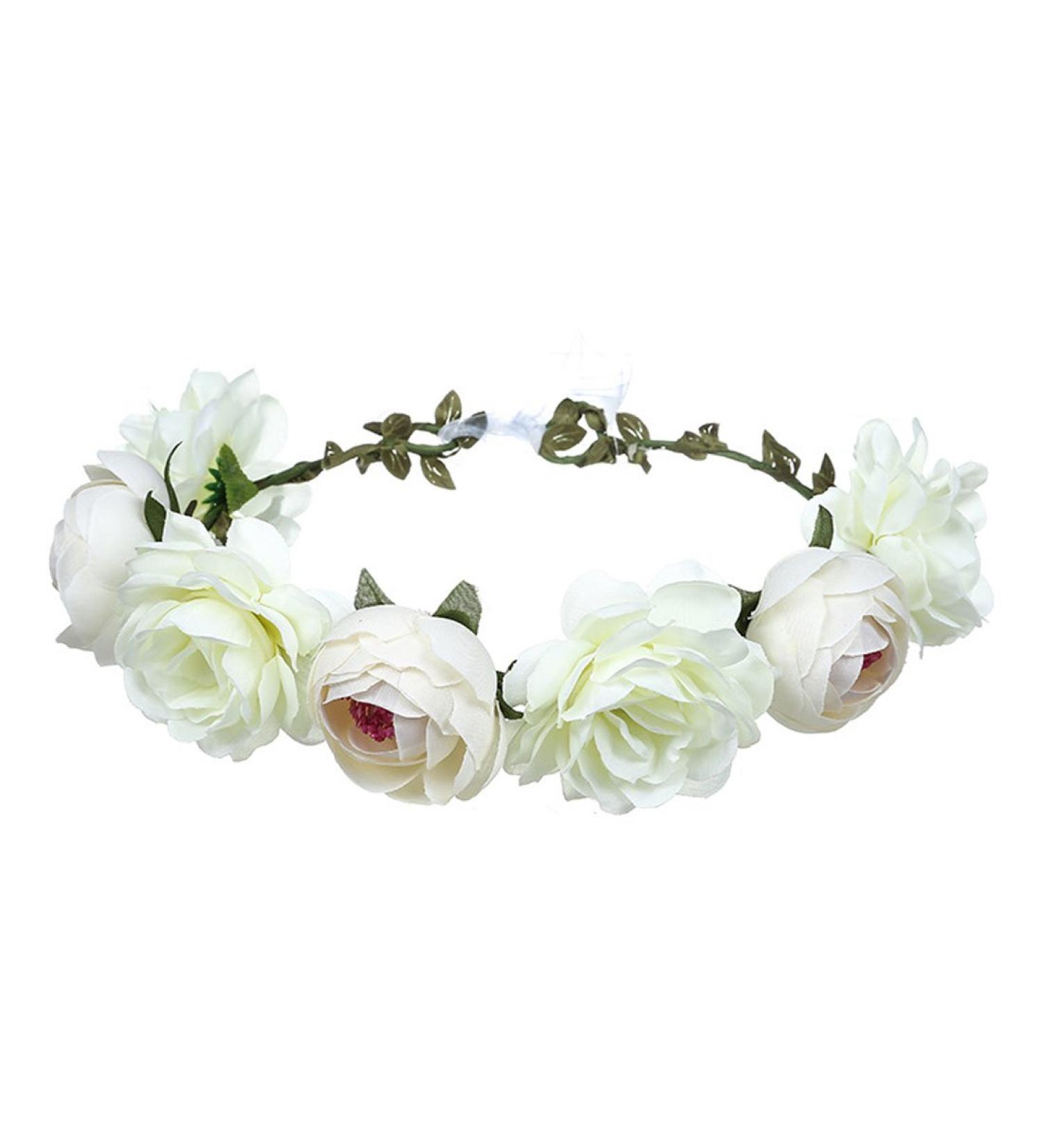 June Bloomy Women Rose Floral Crown Hair Wreath Leave Flower Headband with Adjustable Ribbon (White)