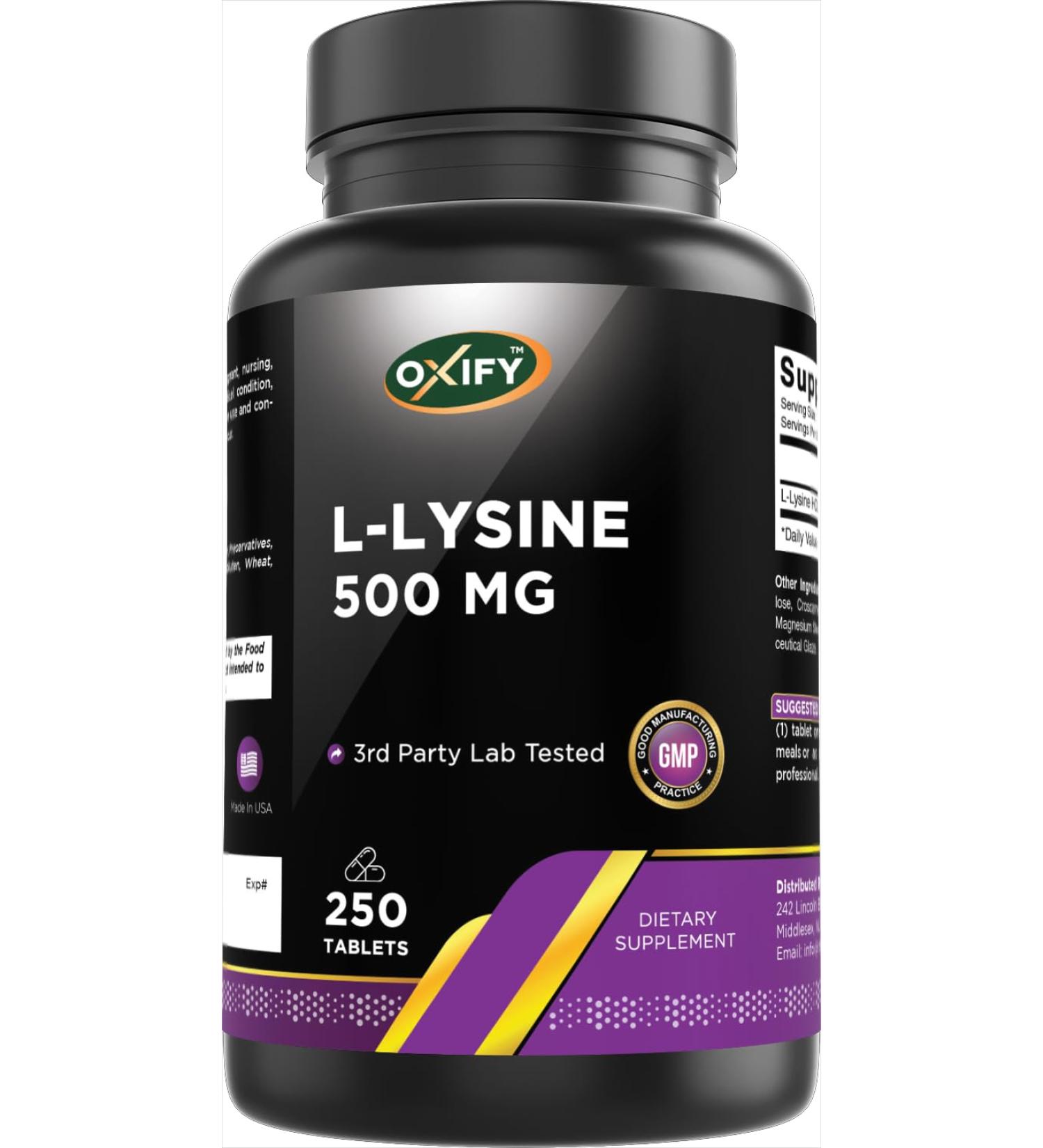 Oxify L-Lysine 500 mg | 250 Tablets | Gluten-Free Non-GMO | Supplement Made in USA - Buy Online on GoSupps.com