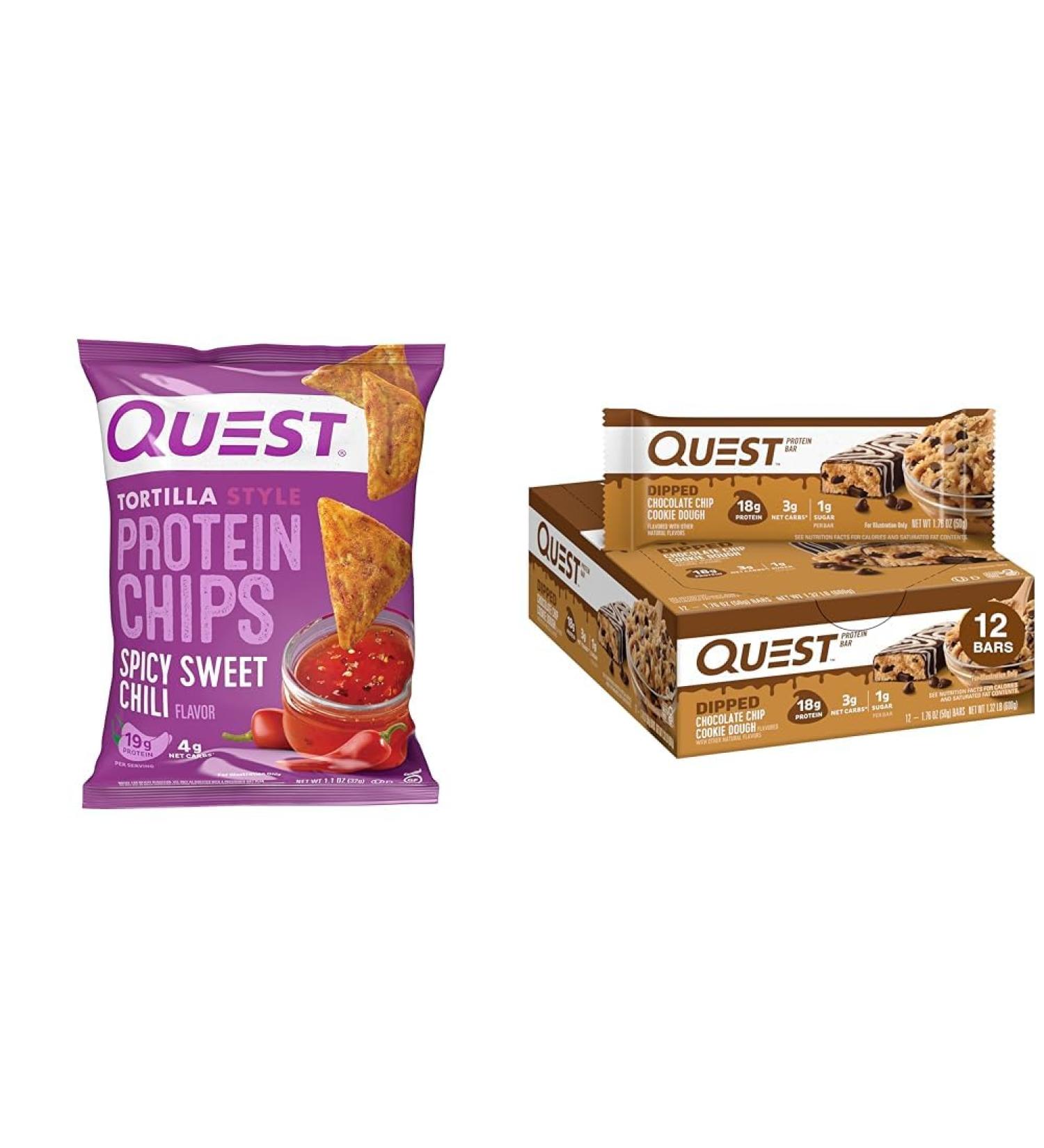 Quest Protein Chips & Cookie Dough Bars Bundle - Spicy Sweet Chili Chips (12 Ct 1.1 Oz) and Chocolate Chip Cookie Dough Bars (12 Ct 1.76 Oz) - Buy Online on GoSupps.com