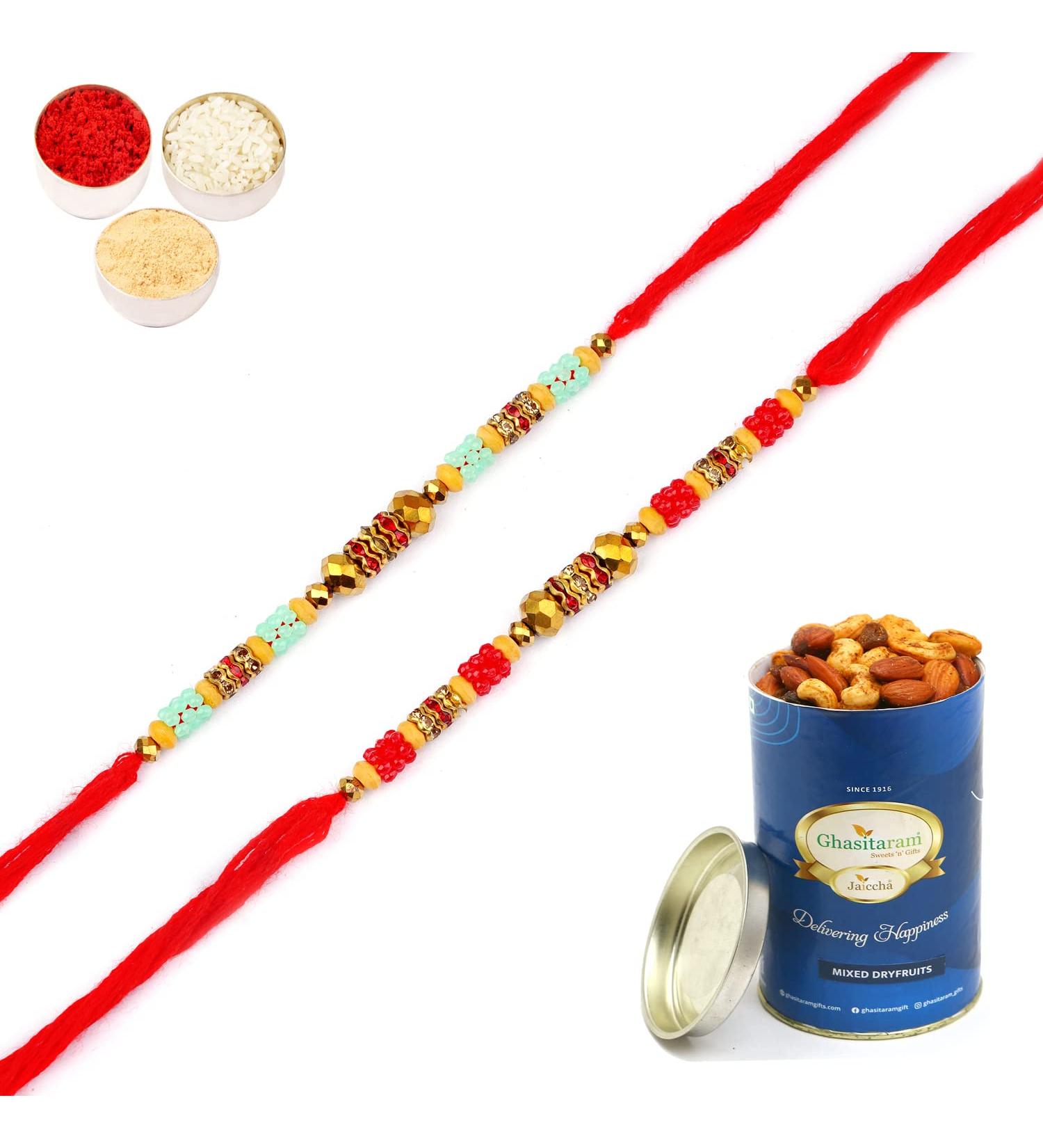 Ghasitaram Gifts Rakhi for Brother Rakhis Online - Set of 2-6507 Rakhis with 100 GMS of Dryfruits Mix Can Rakhi Set with 100 gms of Dryfruits Mix Can - Buy Online on GoSupps.com