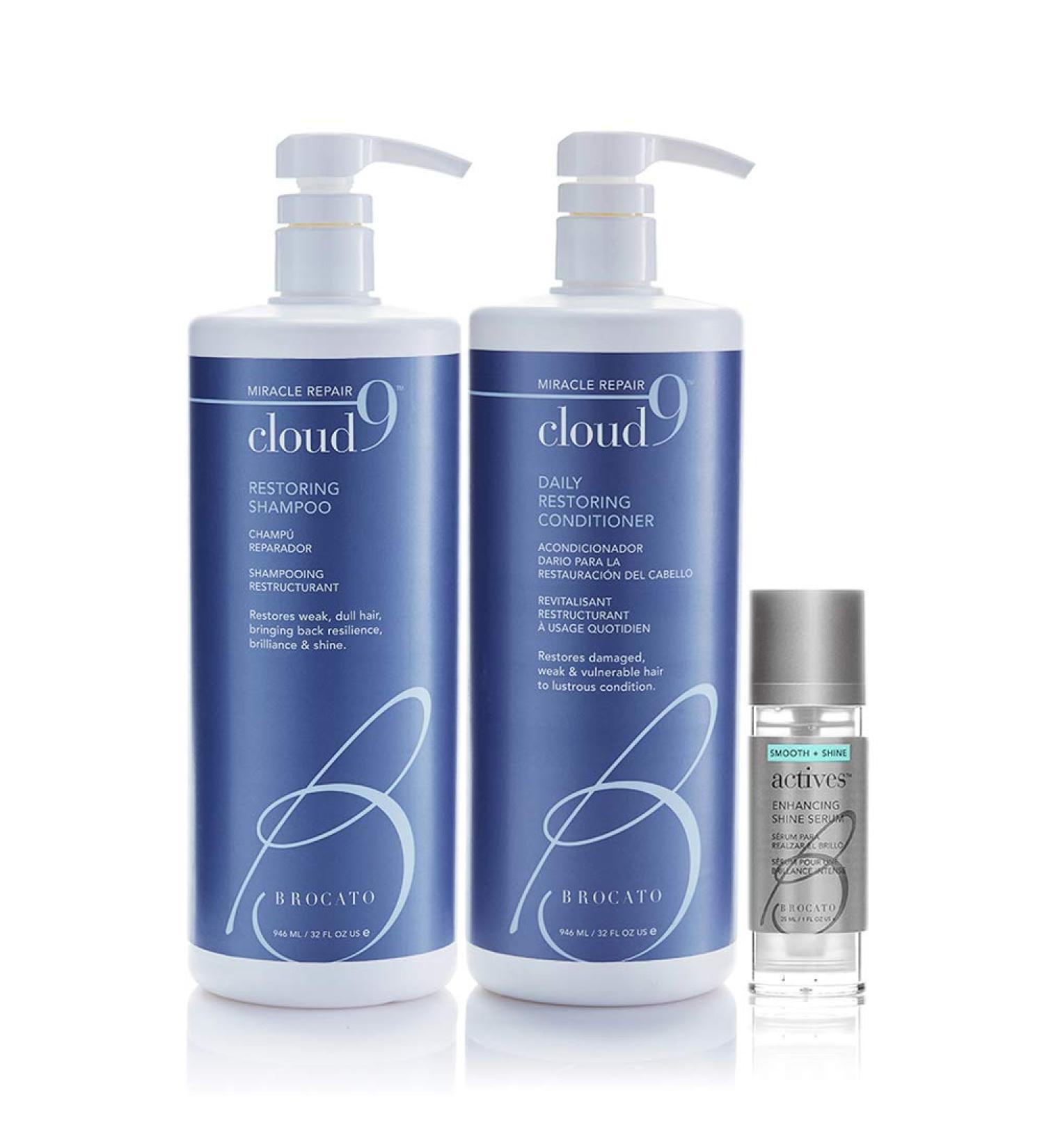 Brocato Cloud 9 Shampoo & Conditioner Liter 32oz & Actives Enhancing Serum | Shine Booster & Conditioning Hair Agent | Replenishing Oils Repair & Smooth Hair | Perfect For Straight or Curly Texture Shampoo + Conditioner + Serum Trio