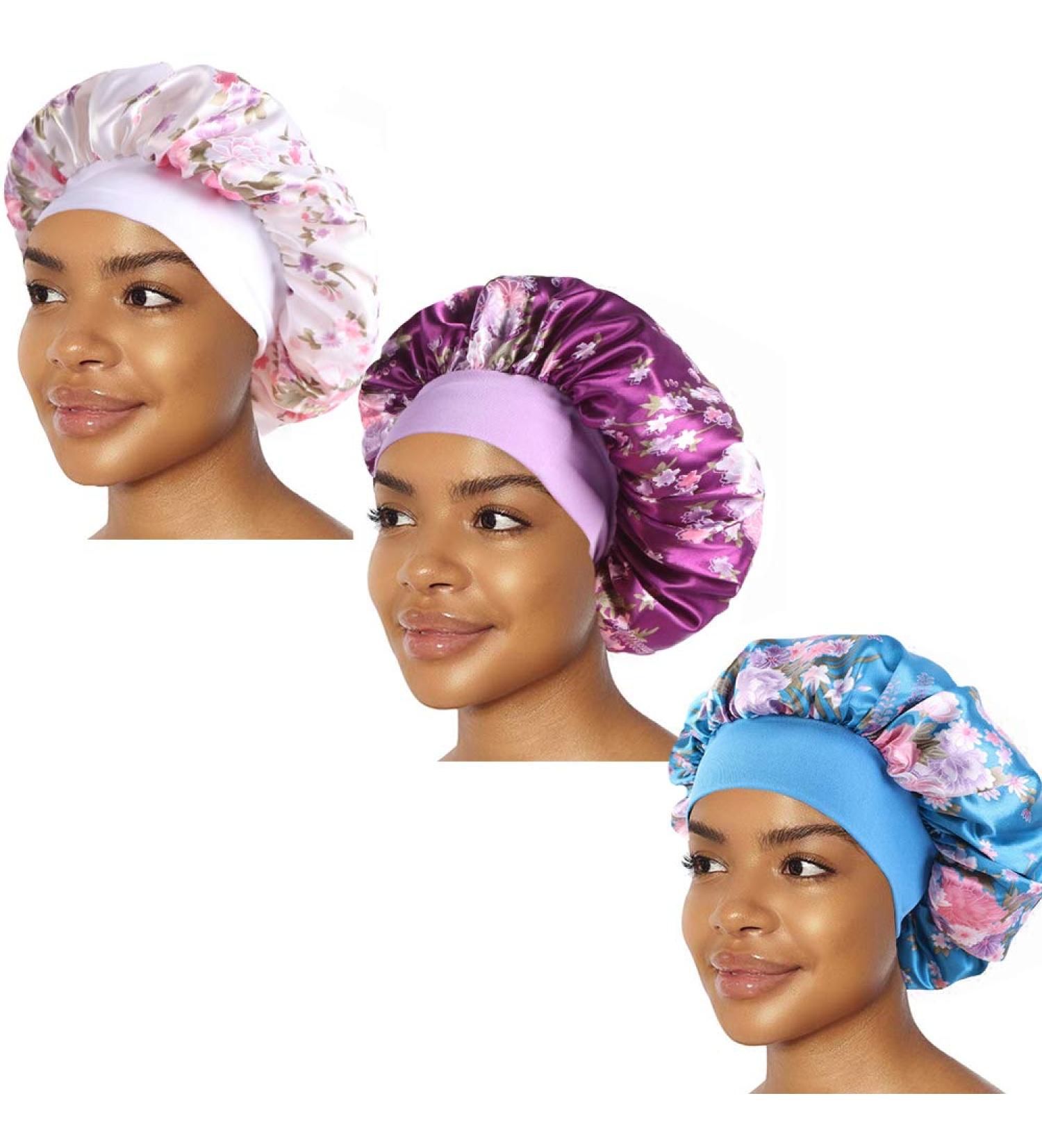 COOLCHI 3 Pack Satin Silk Bonnet Sleep Caps for Women - Blue, White, Purple | Elastic Band Night Sleeping Head Cover for Long Braids, Curly Natural Hair - Buy Online on GoSupps.com