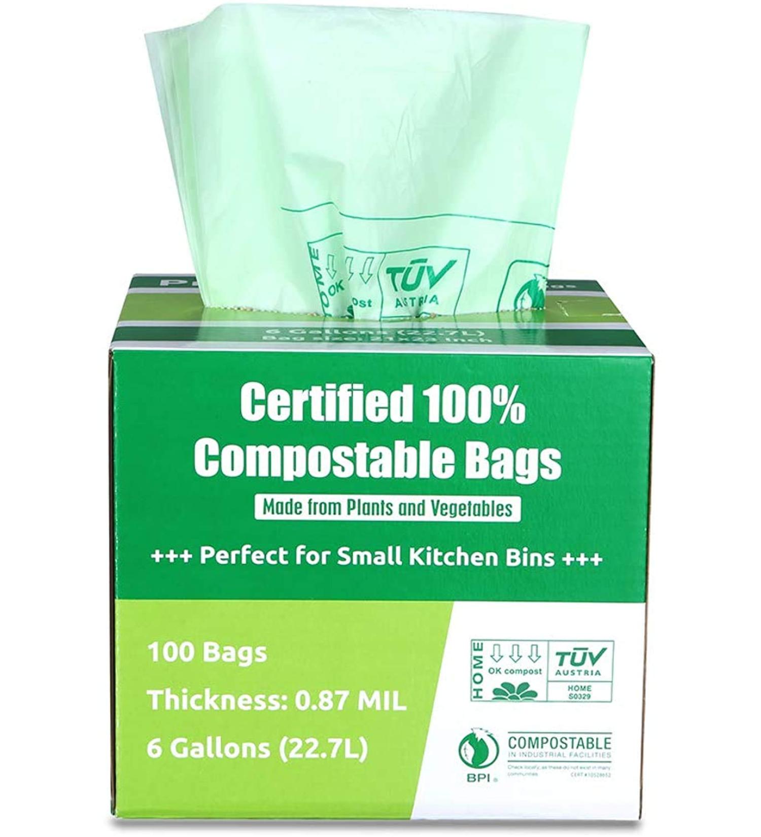 Primode 100% Compostable Bags, 6 Gallon Food Scraps Yard Waste Bags, 100 Count, Extra Thick 0.87 Mil. ASTMD6400 Compost Bags Small Kitchen Trash Bags, Certified by BPI and TUV,
